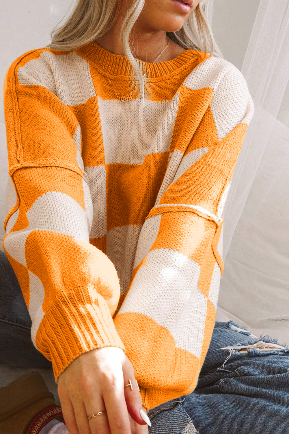 Checkered Bishop Sleeve Sweater - Be Bliss Boutique