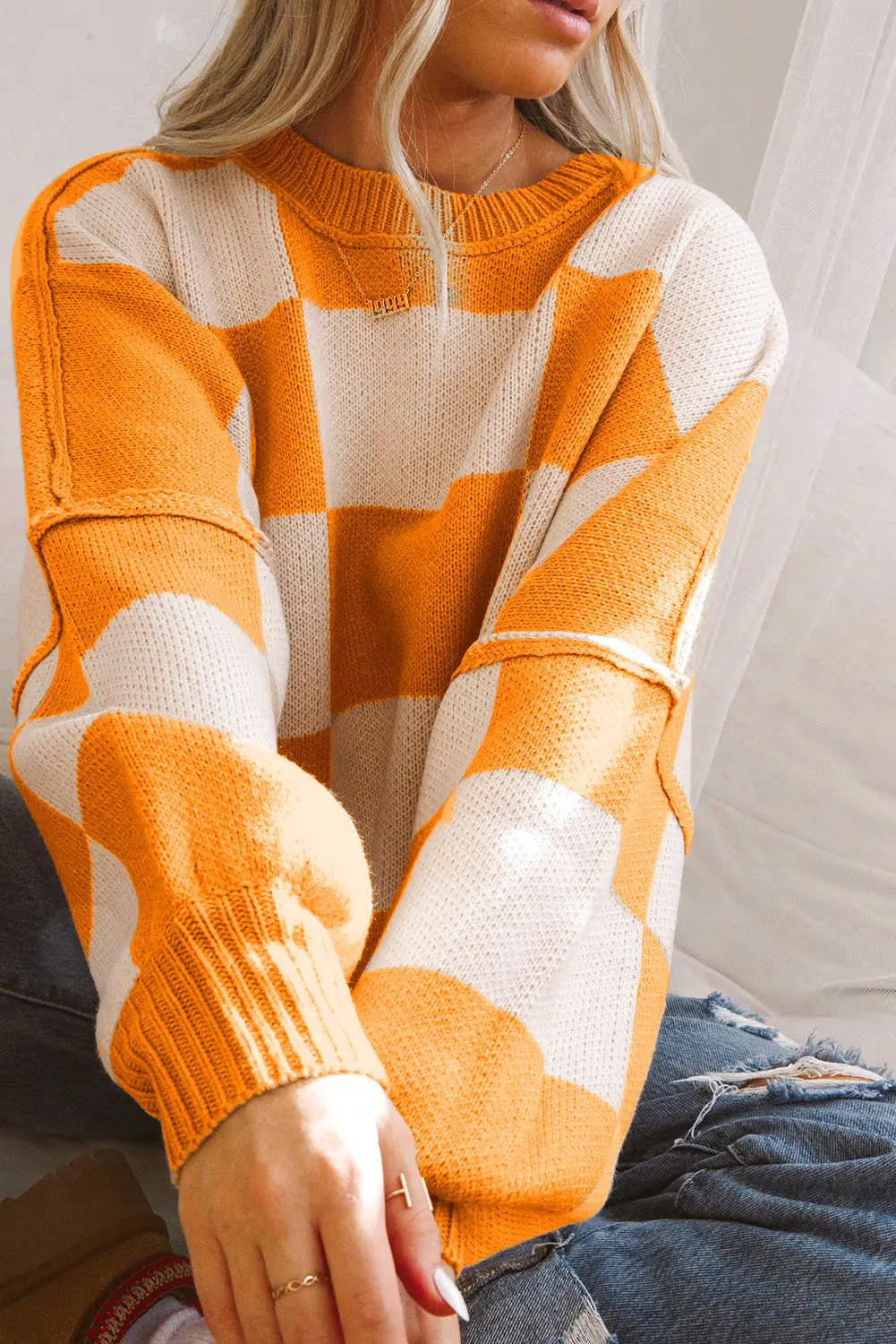 Checkered Bishop Sleeve Sweater - Be Bliss Boutique