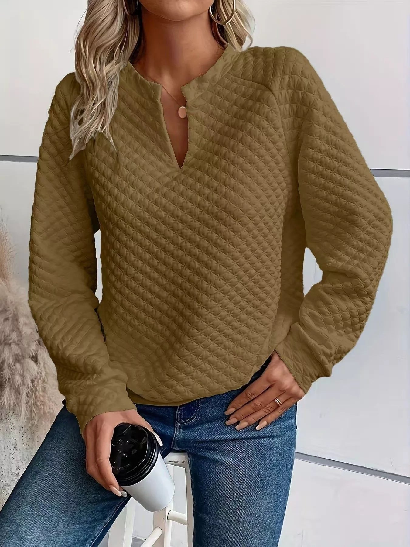 Notched Raglan Sleeve Sweatshirt -  Be Bliss Boutique