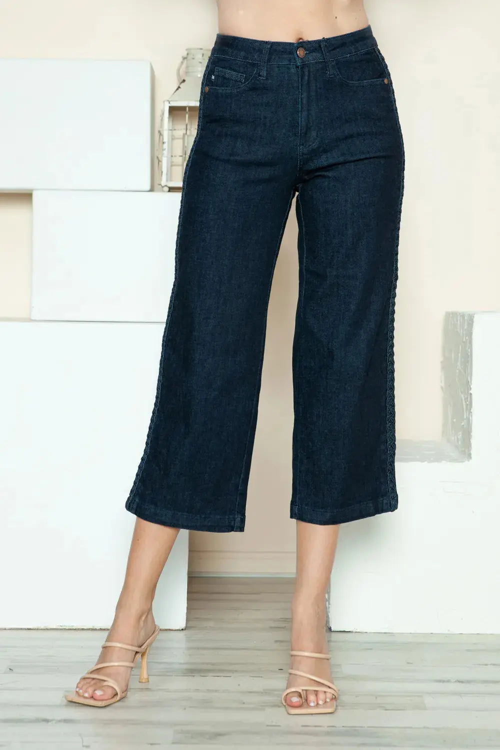 Judy Blue Full Size/Plus Size Side Seam Braid Detail Crop Wide Leg Jeans - Be Bliss Boutique