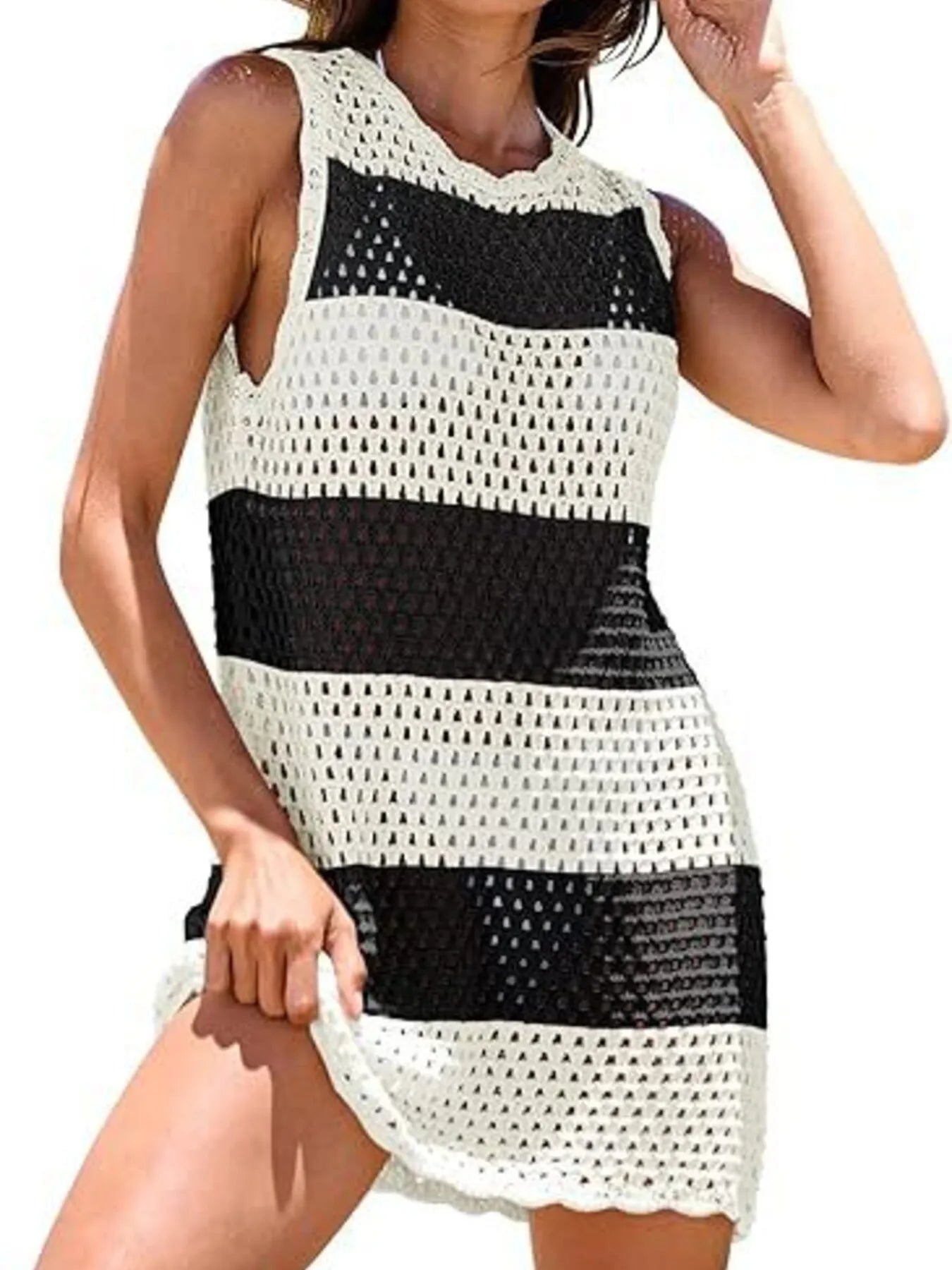 Color Block Openwork Cutout Back Sleeveless Cover Up - Be Bliss Boutique