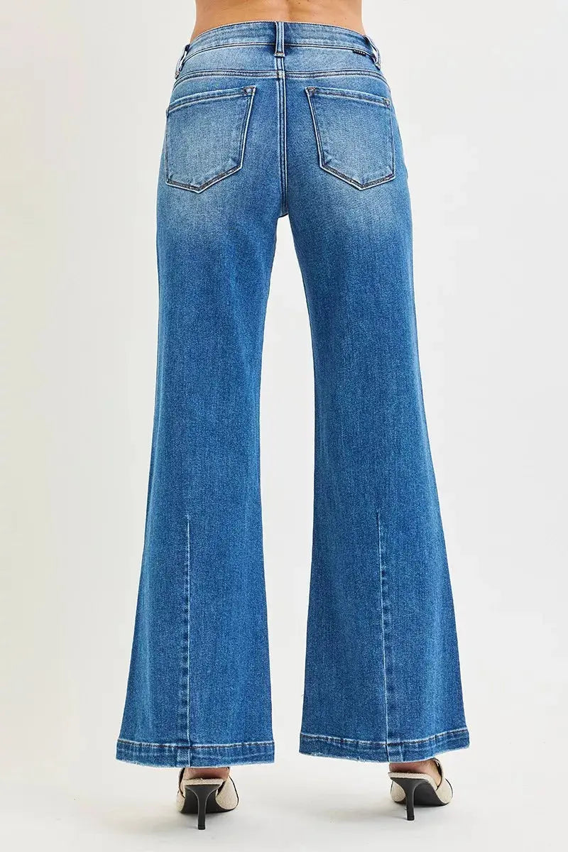 RISEN Jeans - Full Size Mid Rise Wide Leg Jeans with Flared Look - Be Bliss Boutique