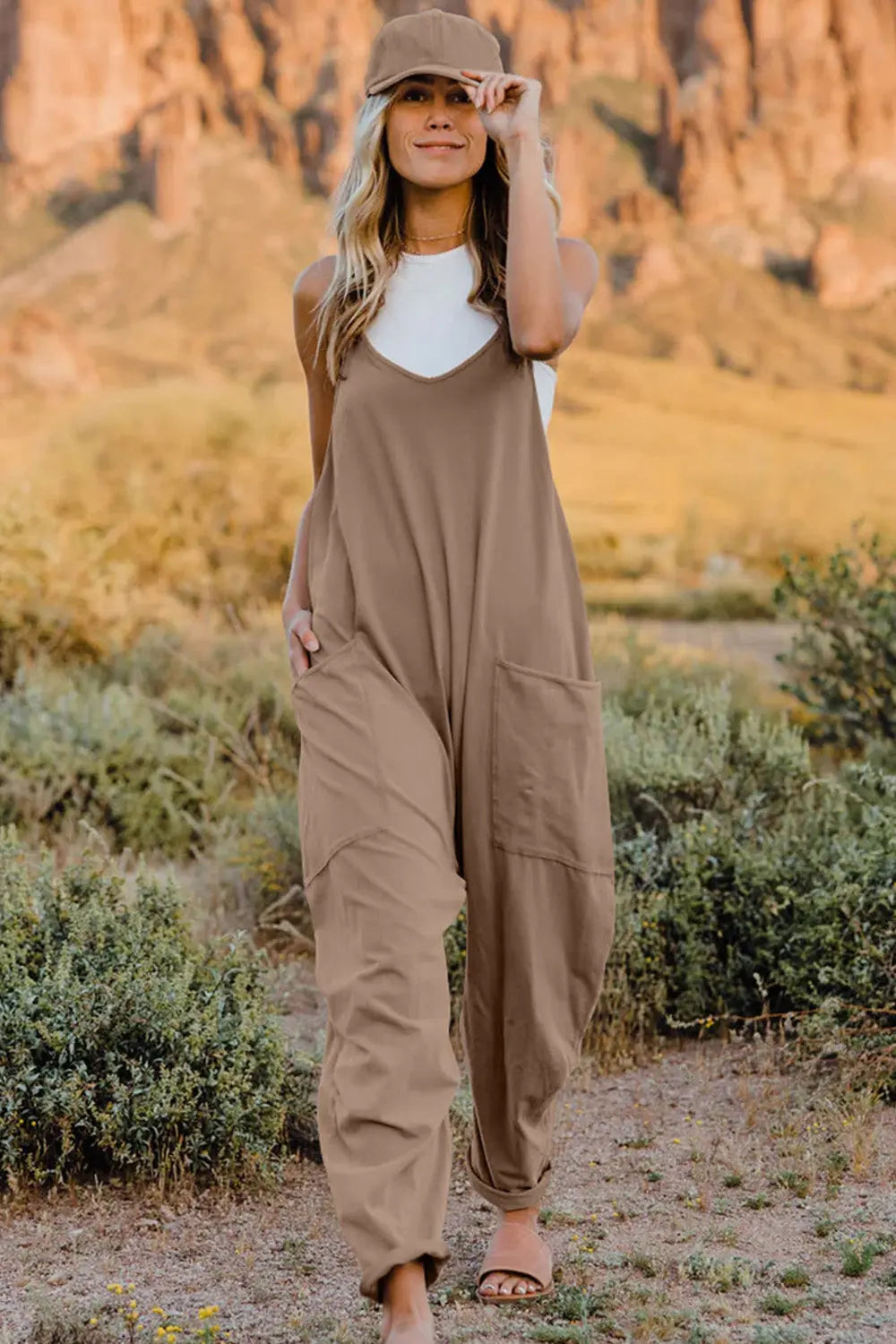 Double Take Full Size V-Neck Sleeveless Jumpsuit with Pockets - Be Bliss Boutique