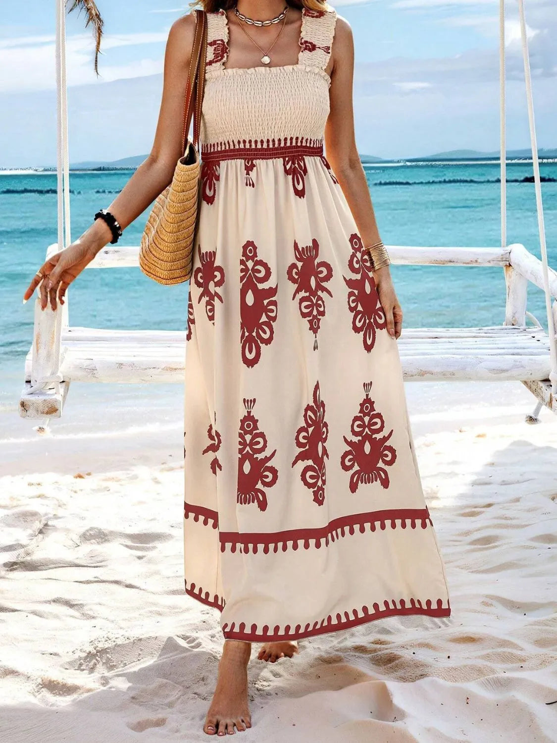 Smocked Printed Wide Strap Maxi Dress - Be Bliss Boutique