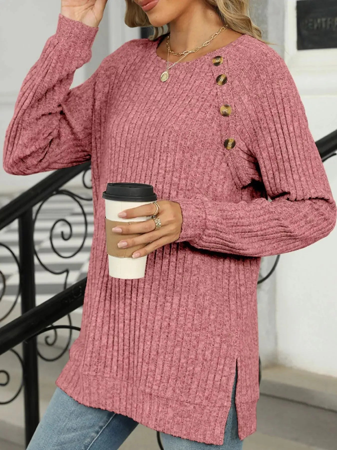Cozy Chic Ribbed Button Detail Long Sleeve Tunic - Be Bliss Boutique