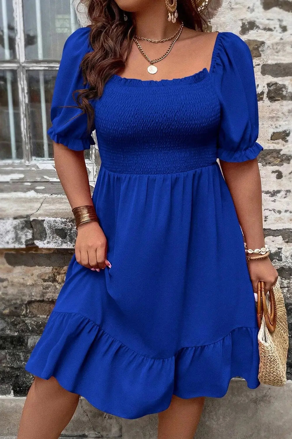 Plus Size Smocked Square Neck Short Sleeve Dress - Be Bliss Boutique