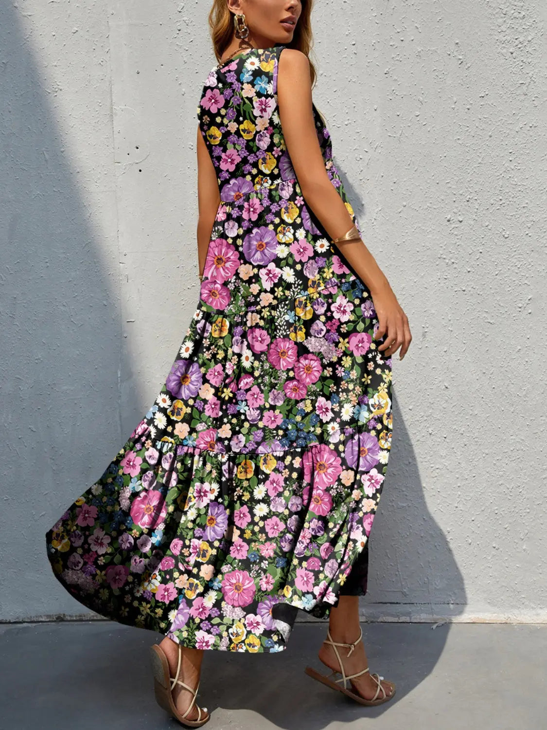 Tiered Printed V-Neck Sleeveless Dress - Be Bliss Boutique