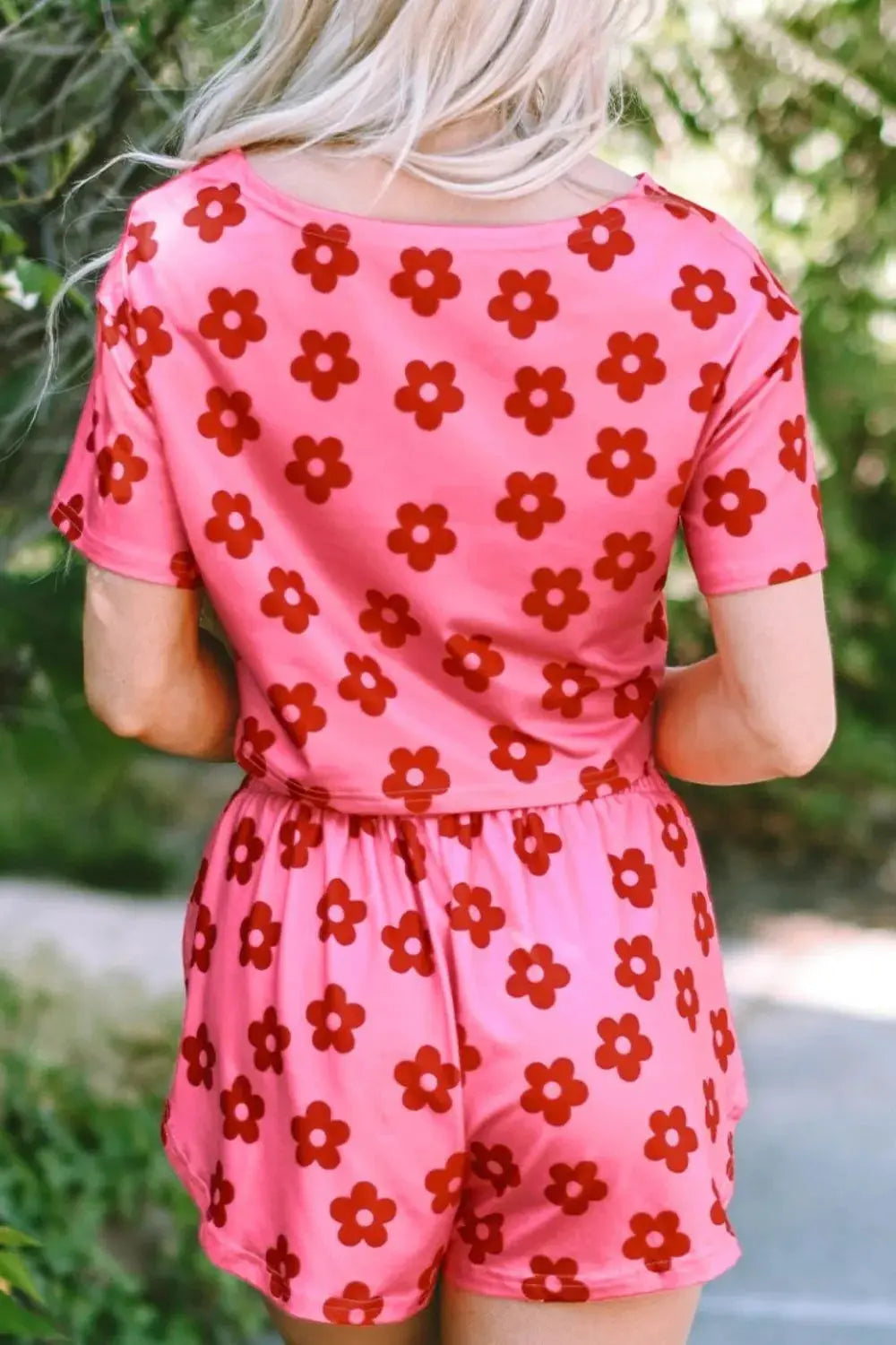 Pink & Red Floral Cropped Tee and Shorts Womens Loungewear Set - Be Bliss Boutique