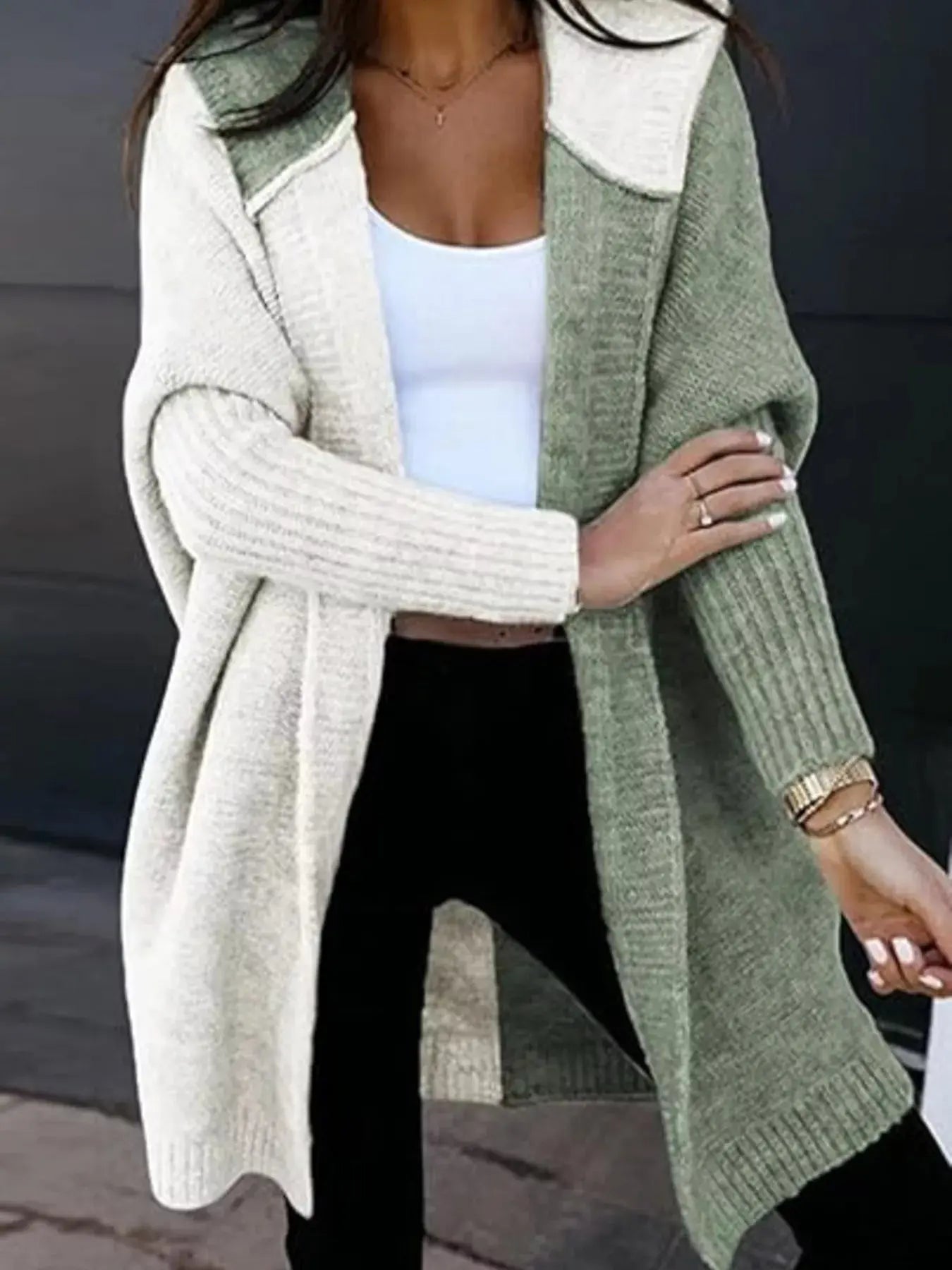 Two-Tone Hooded Open Front Knit Cardigan - Be Bliss Boutique