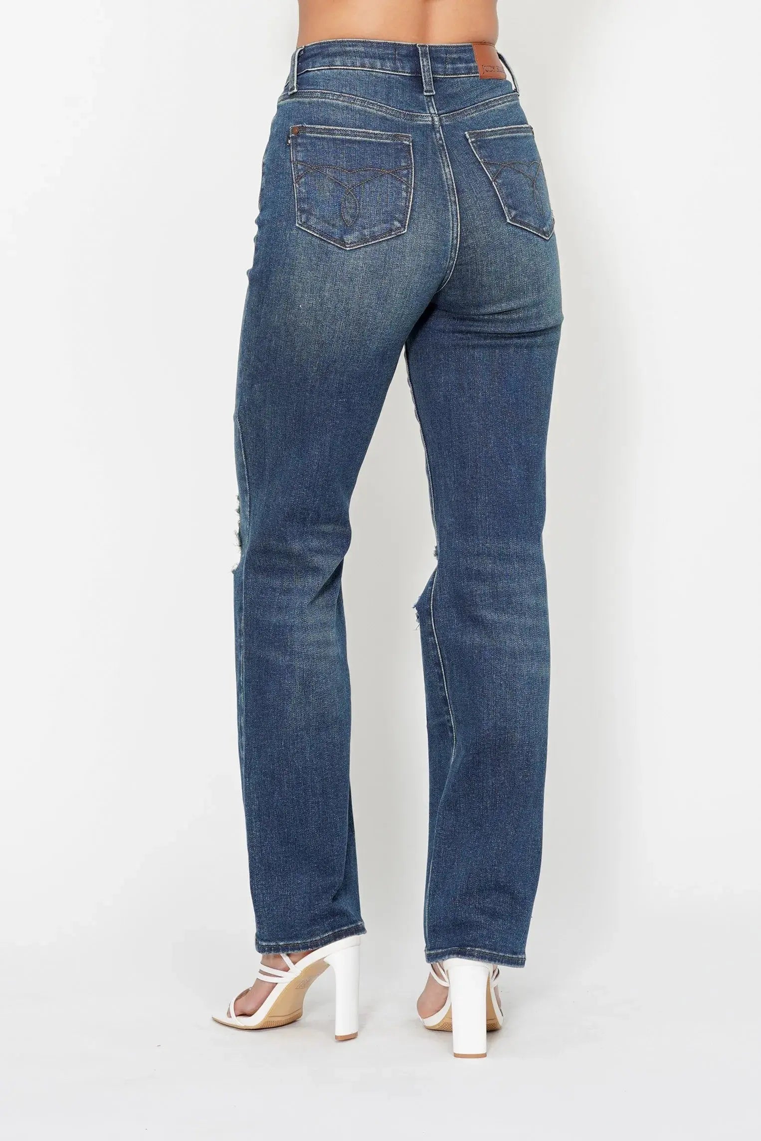 Full Size High Waist Ripped Knee Straight Leg Dad Judy Blue Jeans - Be Bliss Boutique