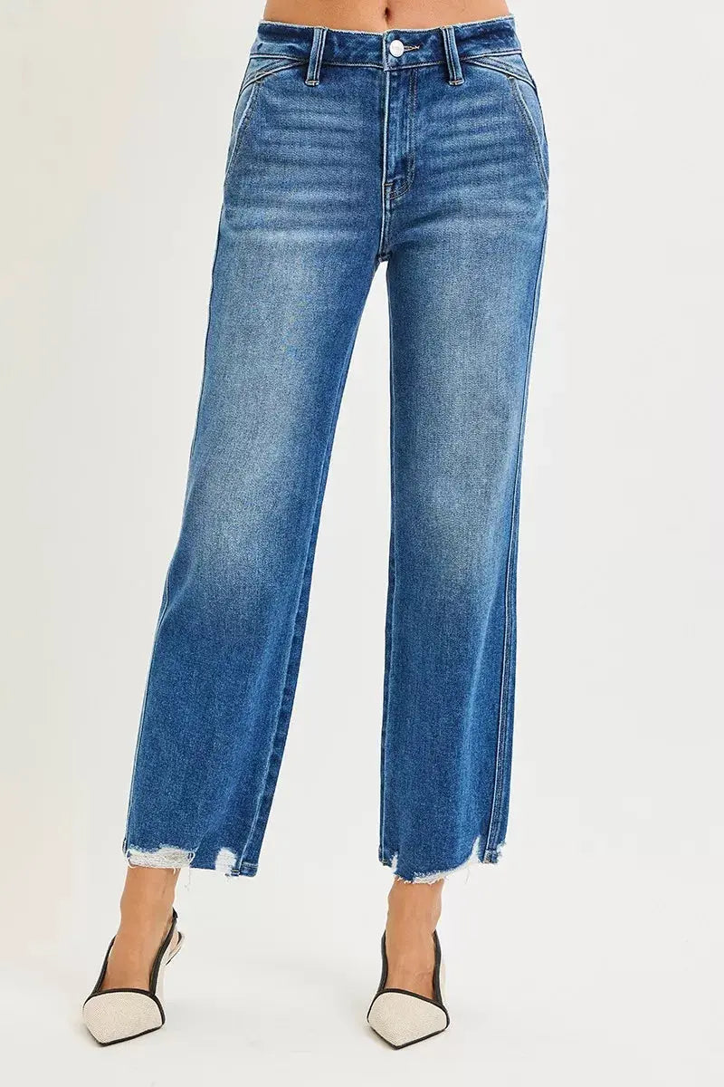 RISEN Jeans - High Rise Ankle Straight Distressed Hem Detail Jeans - Be Bliss Boutique