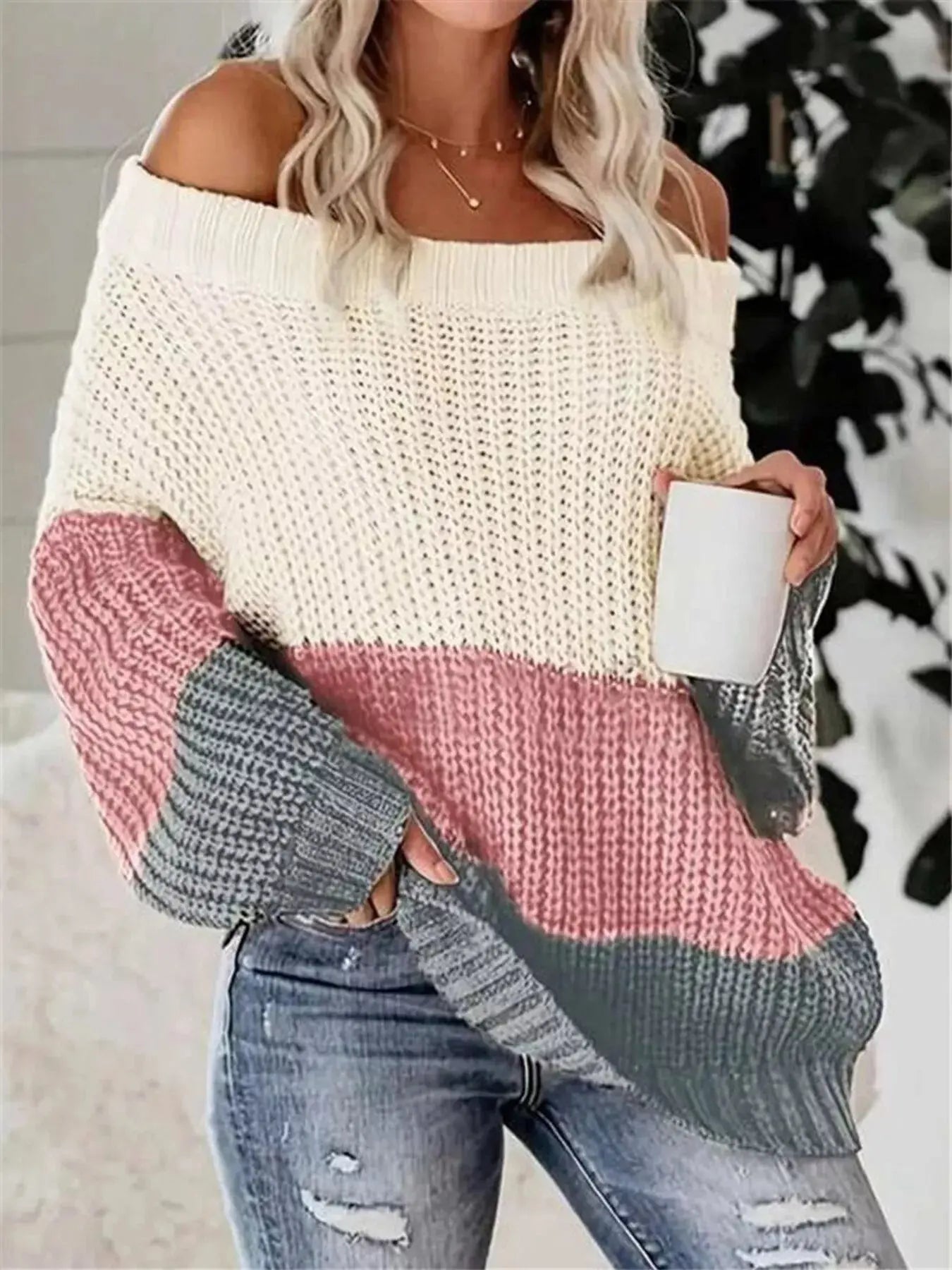 Color Block Off Shoulder Sweater - Be Bliss Boutique
