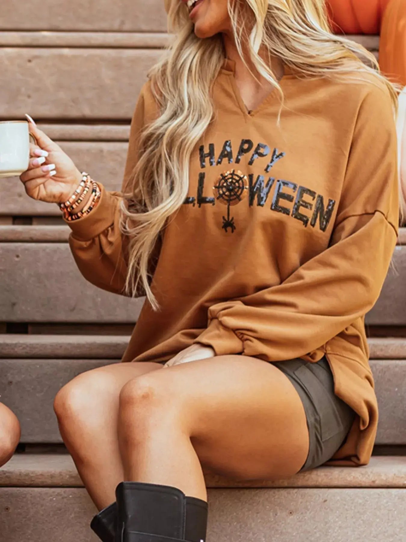 Notched Long Sleeve Oversized Happy Halloween Graphic Sweatshirt - Be Bliss Boutique