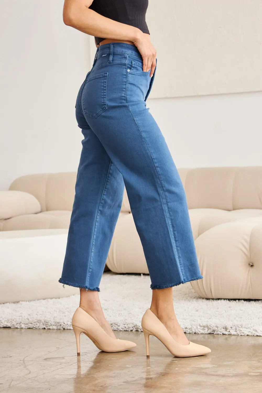 RFM Crop Full Size Tummy Control High Waist Raw Hem Jeans - Be Bliss Boutique