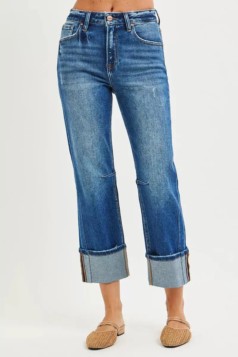 RISEN Jeans - High Rise Straight Jeans with Distressed Hem - Be Bliss Boutique