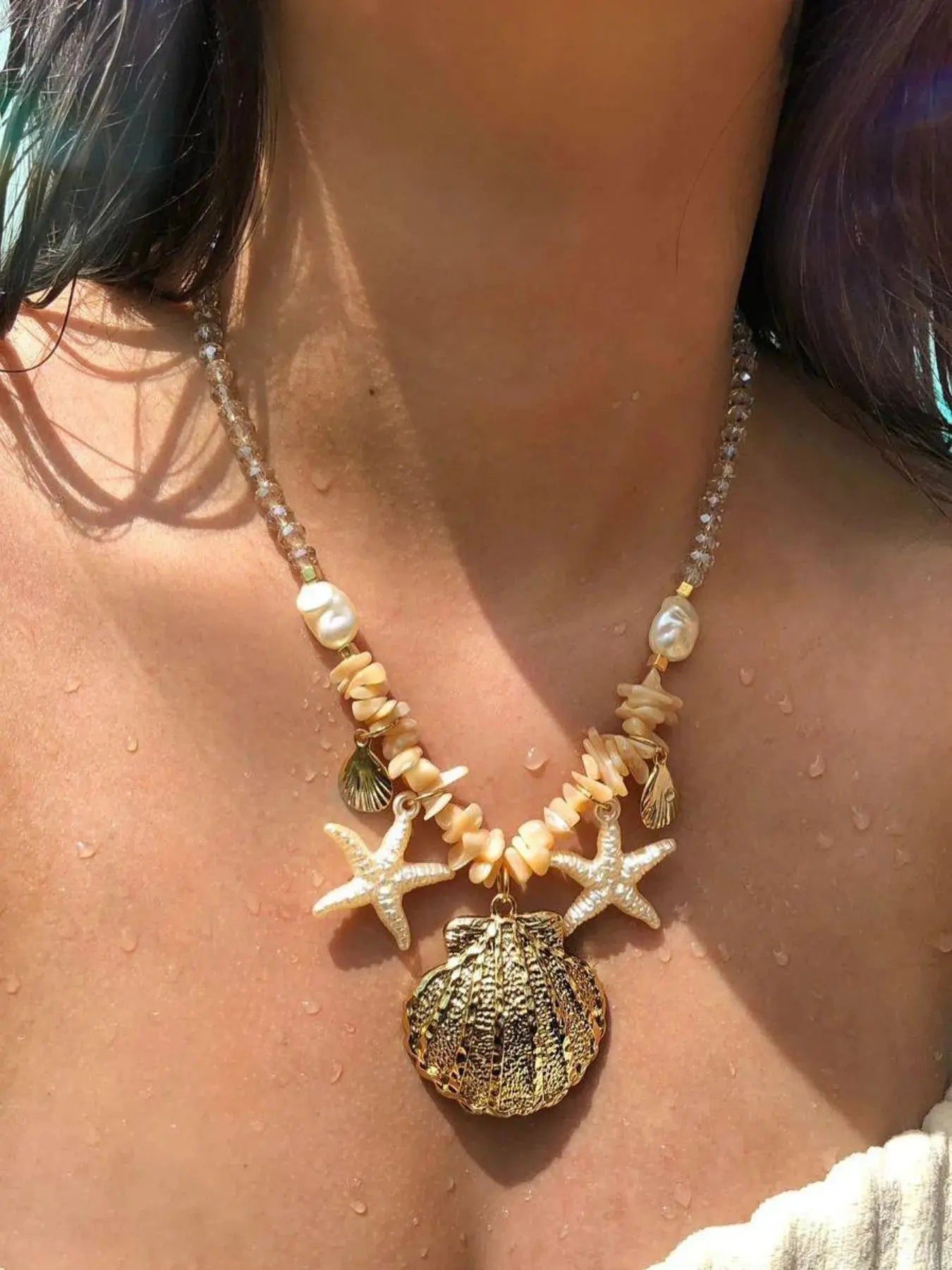 18K Gold-Plated Starfish & Shell Beaded Beach Necklace - Be Bliss Boutique