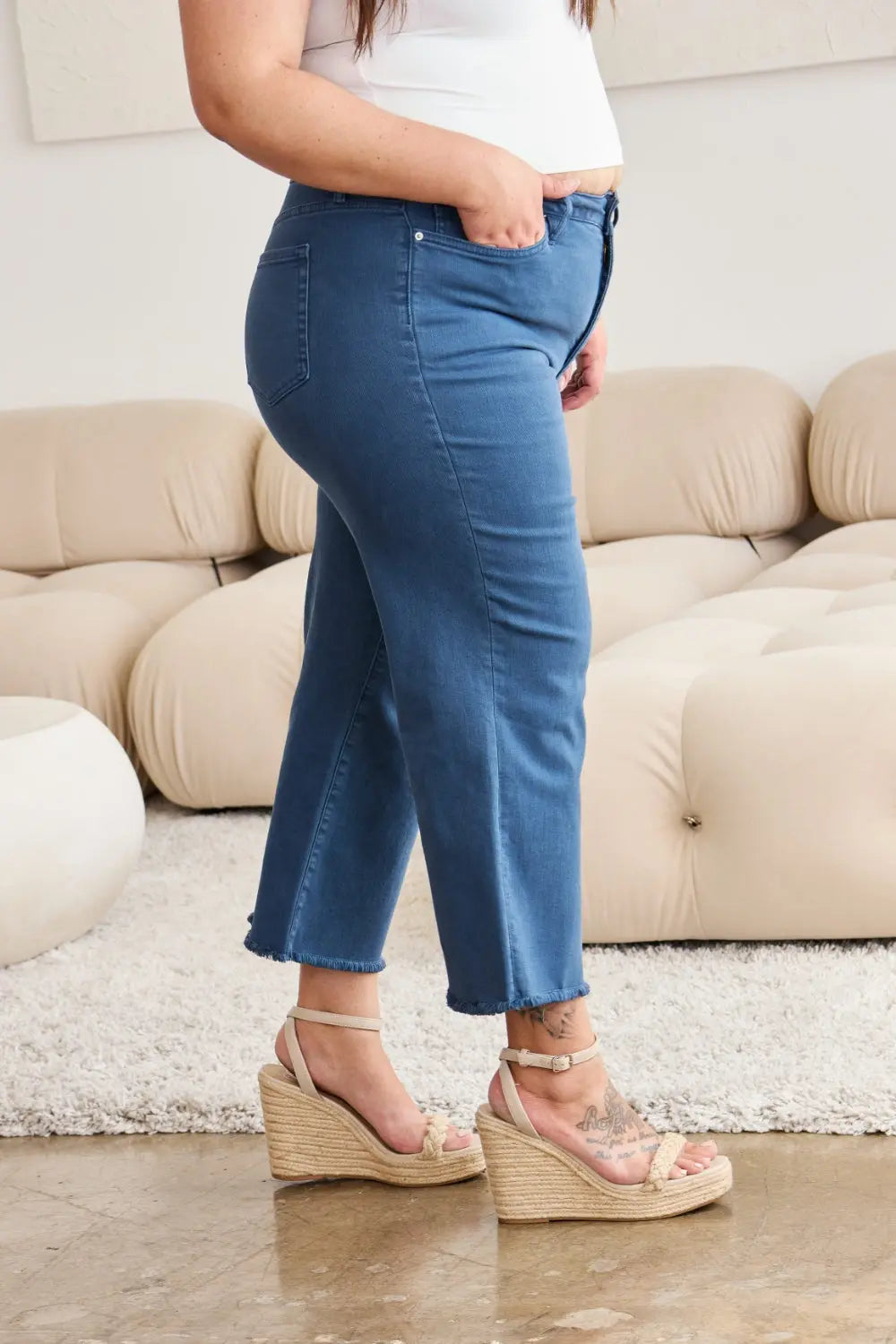 RFM Crop Full Size Tummy Control High Waist Raw Hem Jeans - Be Bliss Boutique