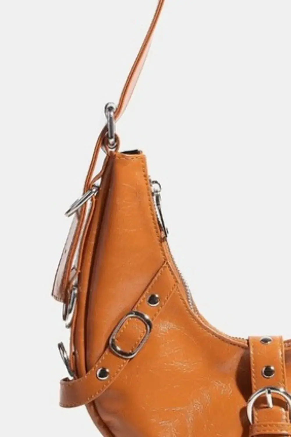 Fame Multi Belt Strap Cognac Shoulder Bag – Buckle Accent Crescent Purse - Be Bliss Boutique