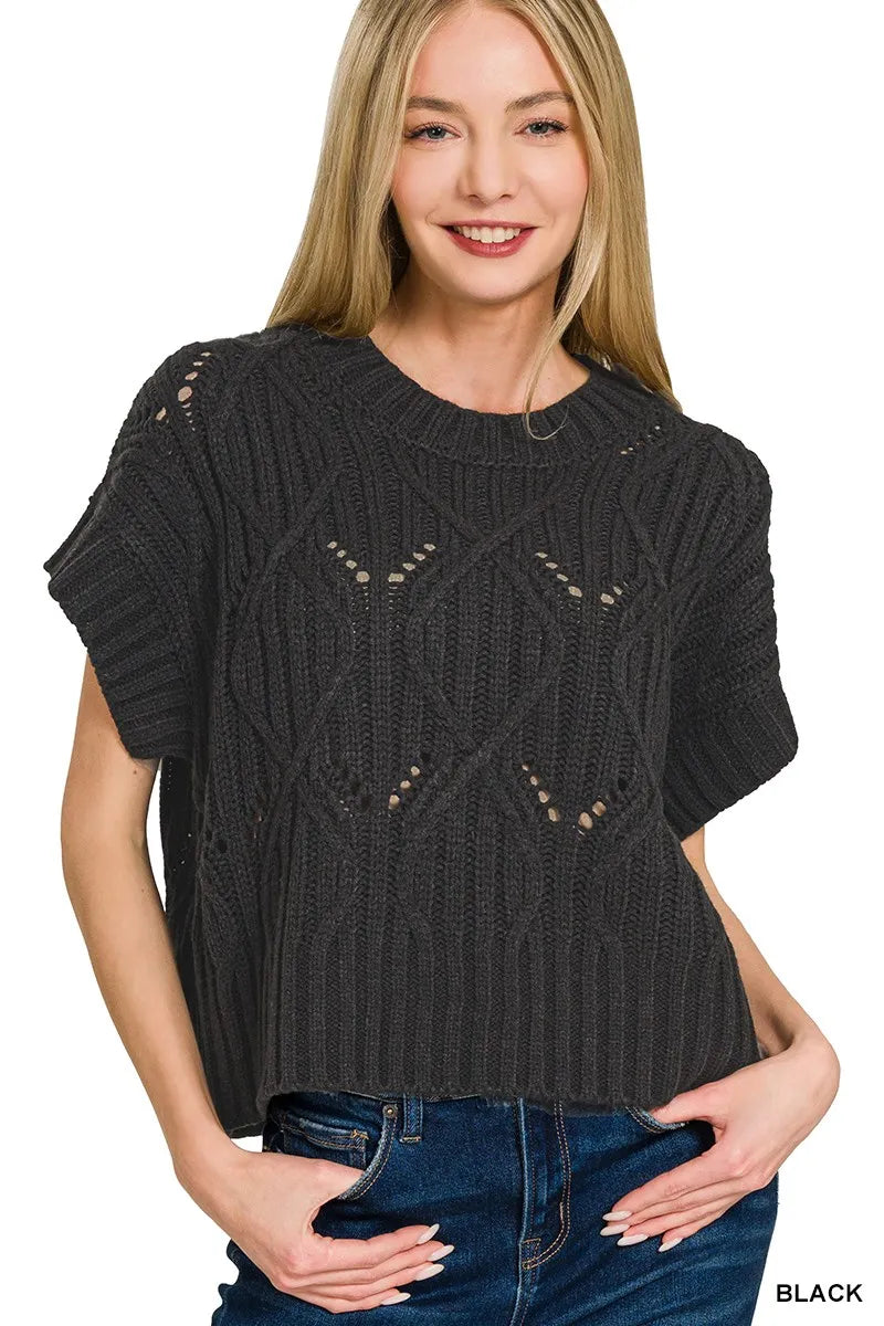 Zenana Short Sleeve Cable Knit Sweater - Be Bliss Boutique