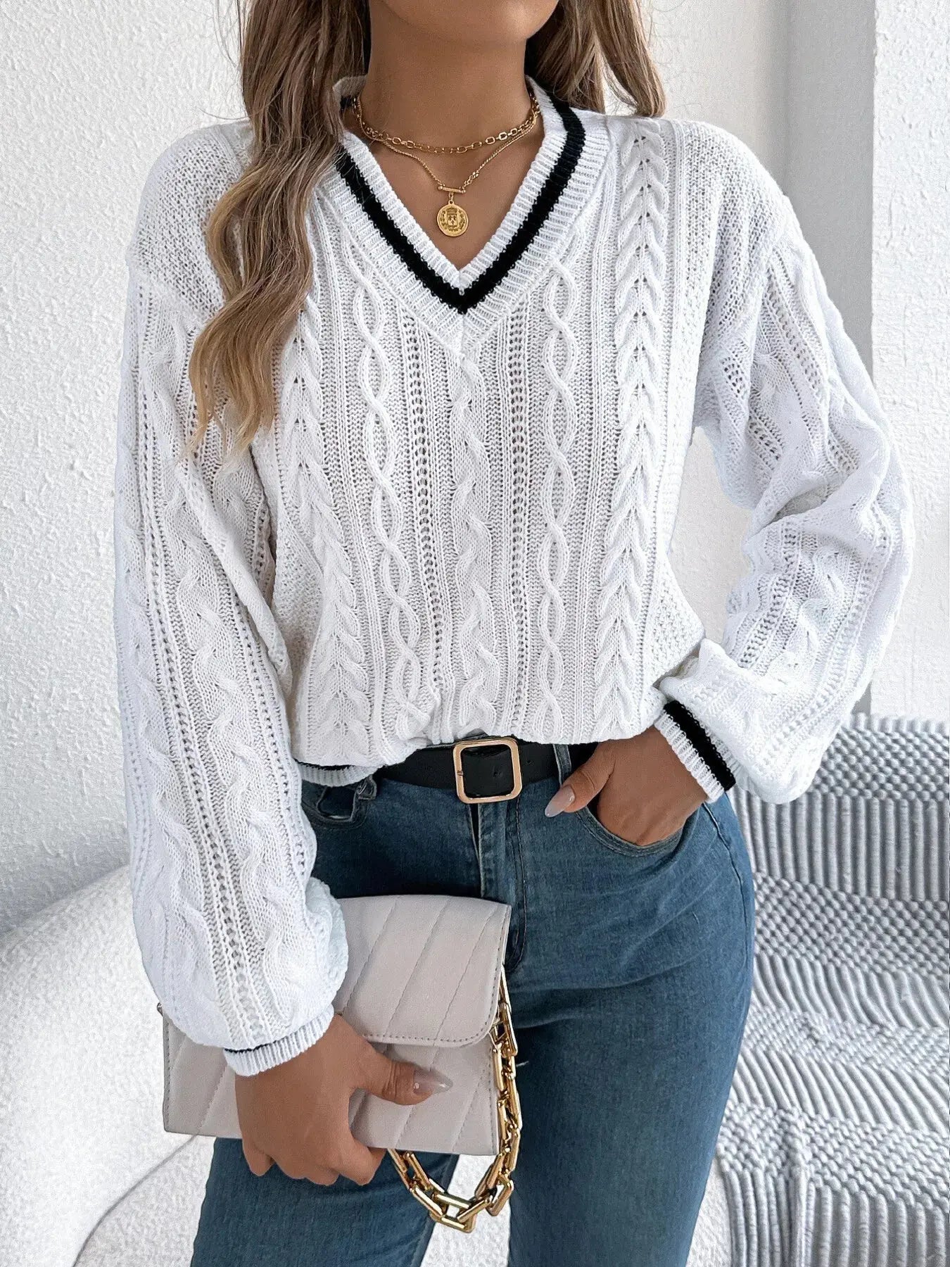 V-Neck Cable Knit Long Sleeve Sweater - Be Bliss Boutique