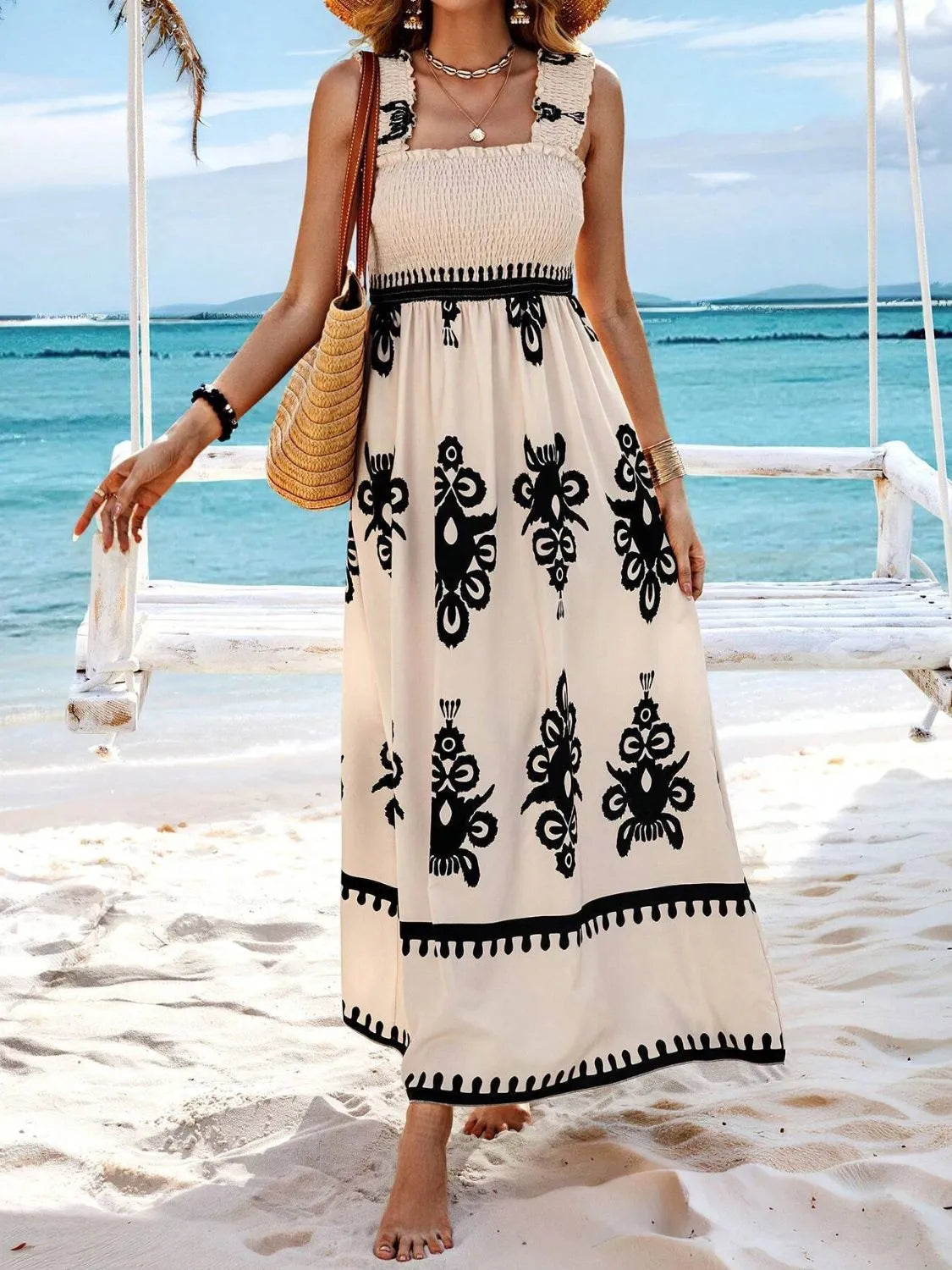 Smocked Printed Wide Strap Maxi Dress - Be Bliss Boutique