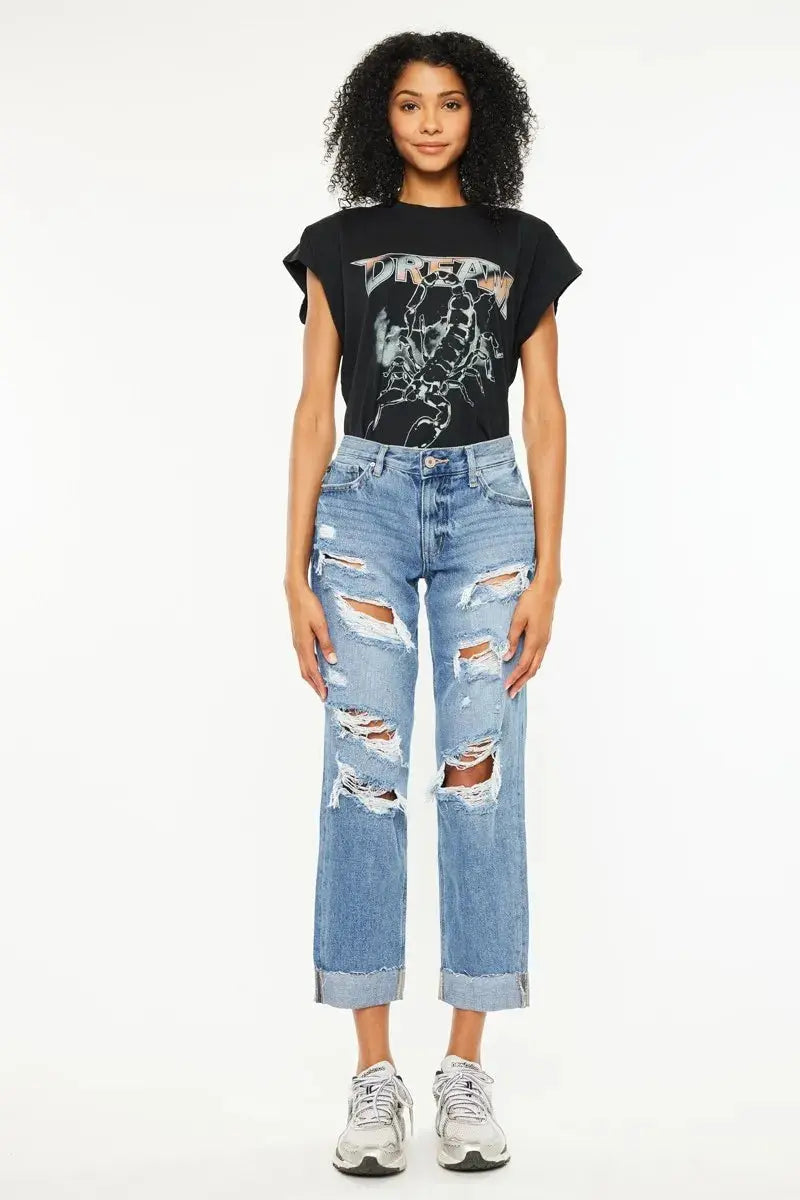 Mid Rise Distressed Kancan Boyfriend Jeans - Medium Wash - Be Bliss Boutique