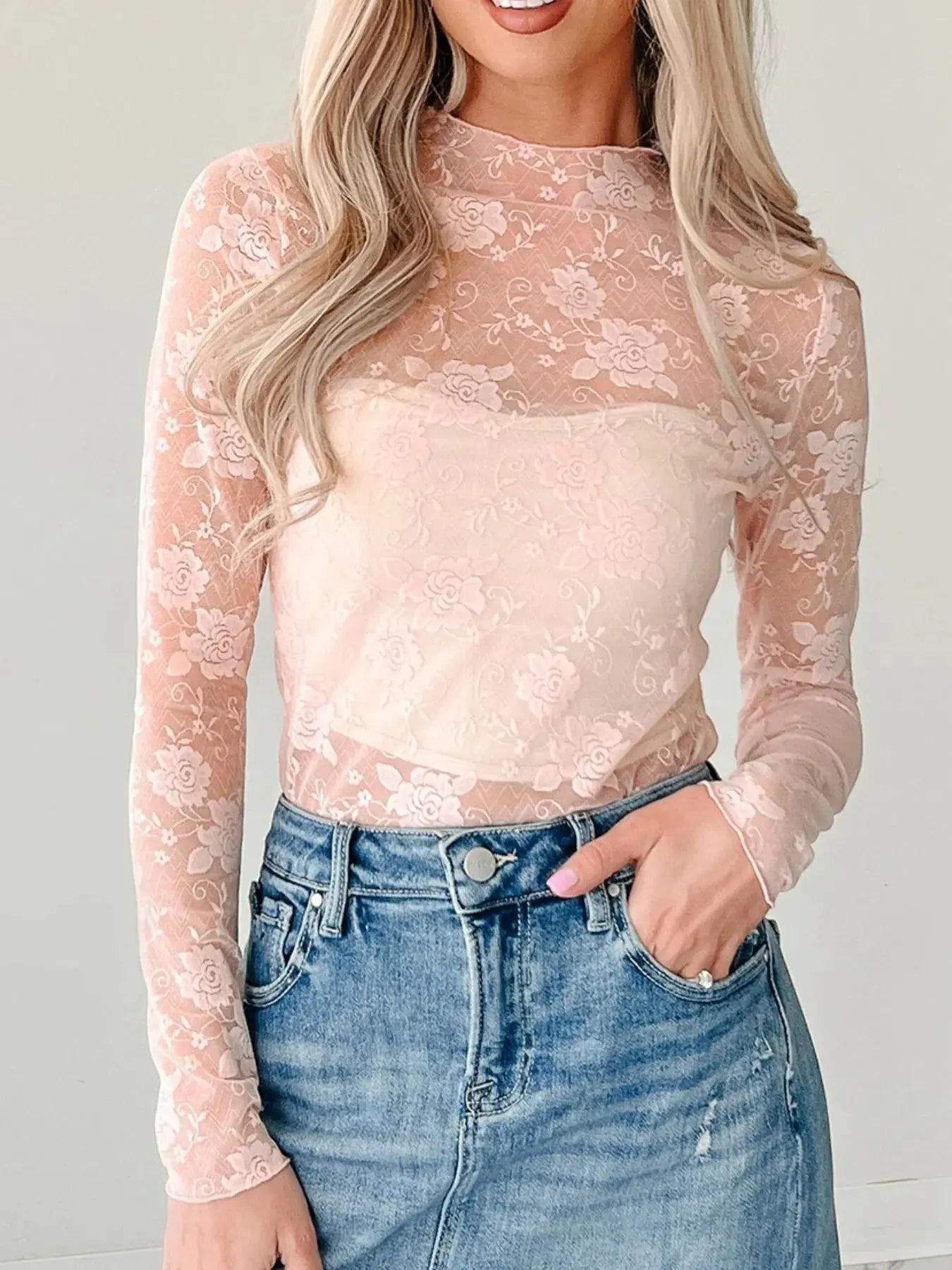 Lace Mock Neck Long Sleeve Blouse - Be Bliss Boutique