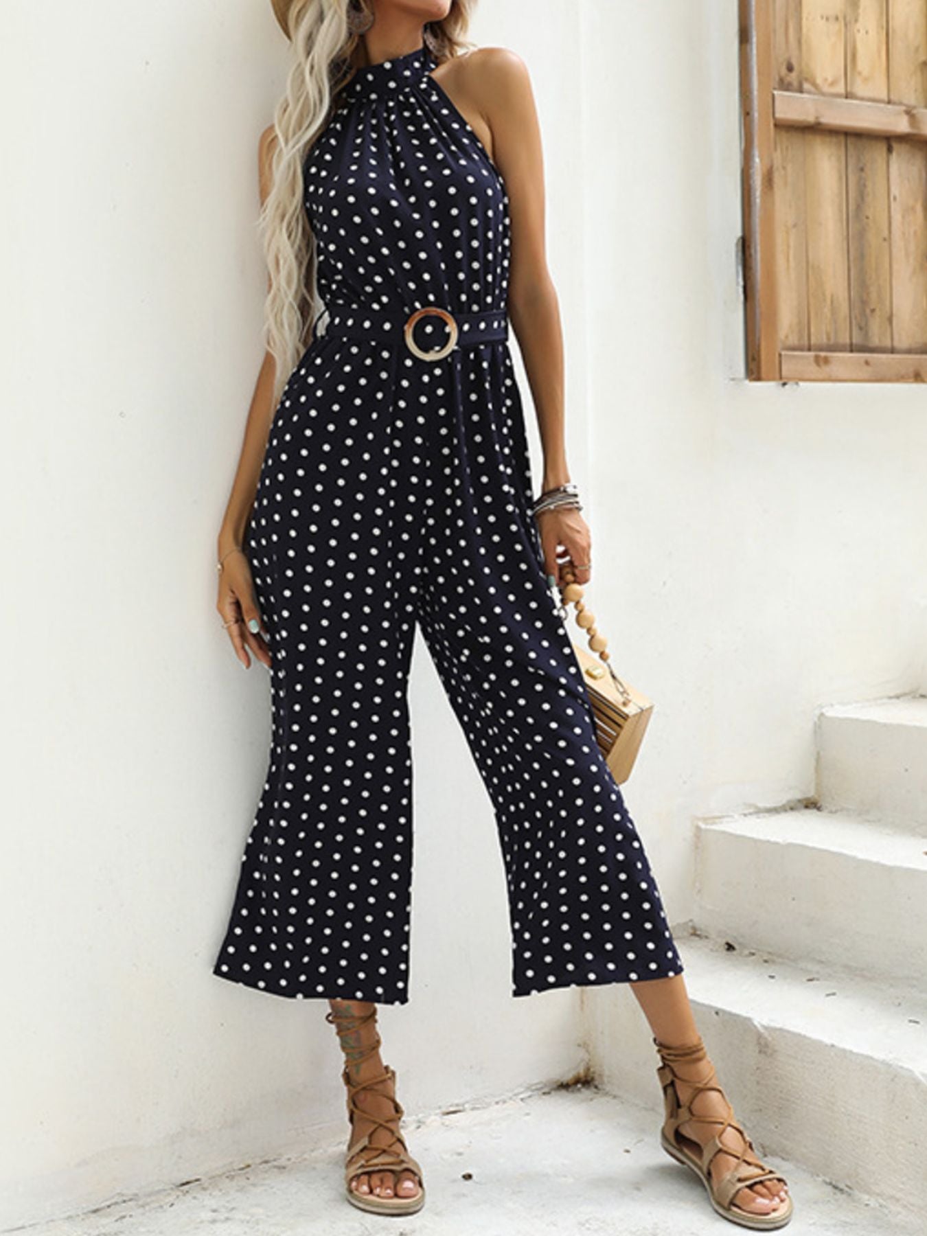 Polka Dot Halter Neck Wide Leg Jumpsuit - Be Bliss Boutique