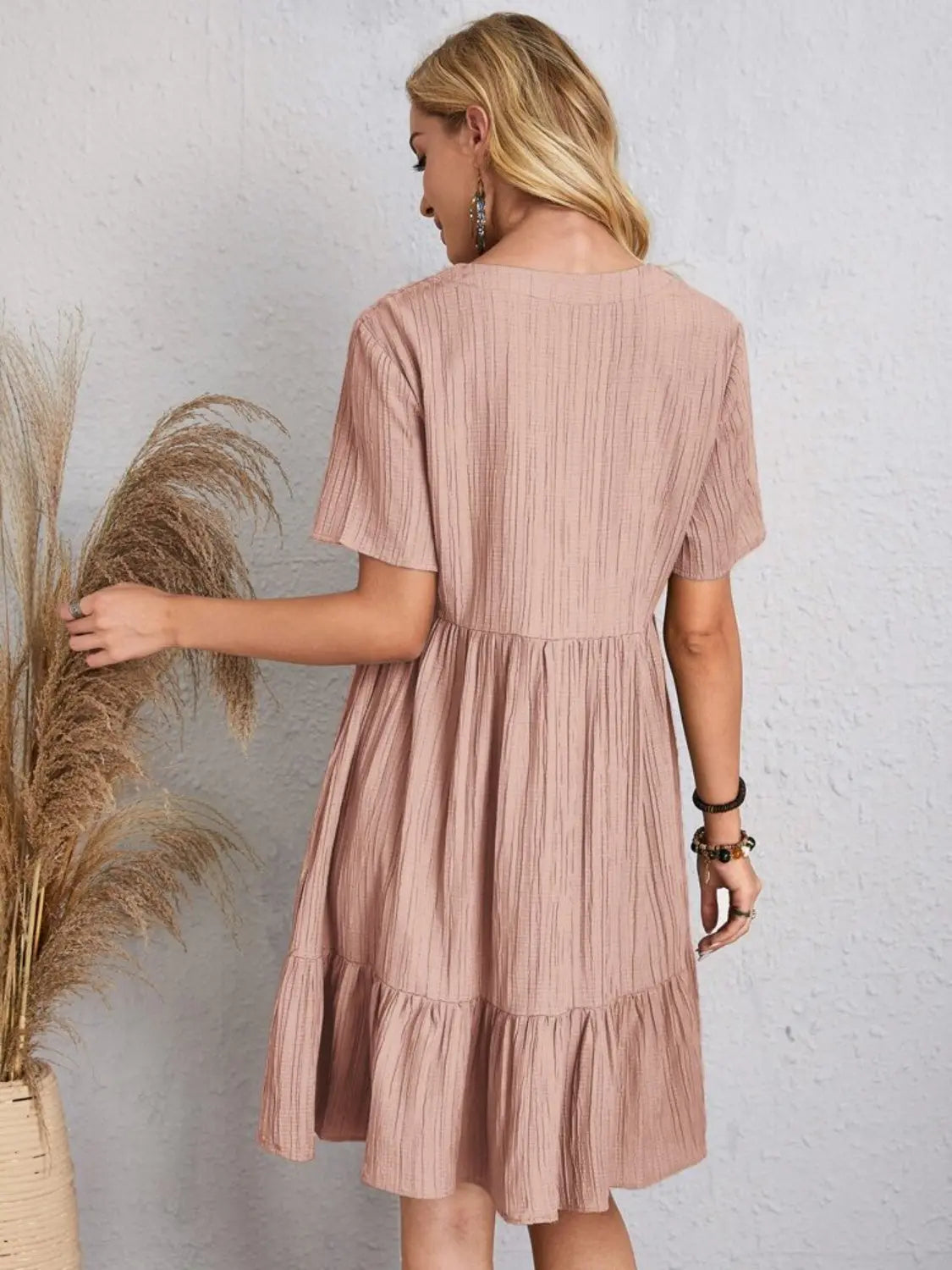 Boho Textured V-Neck Short Sleeve Babydoll Dress - Be Bliss Boutique