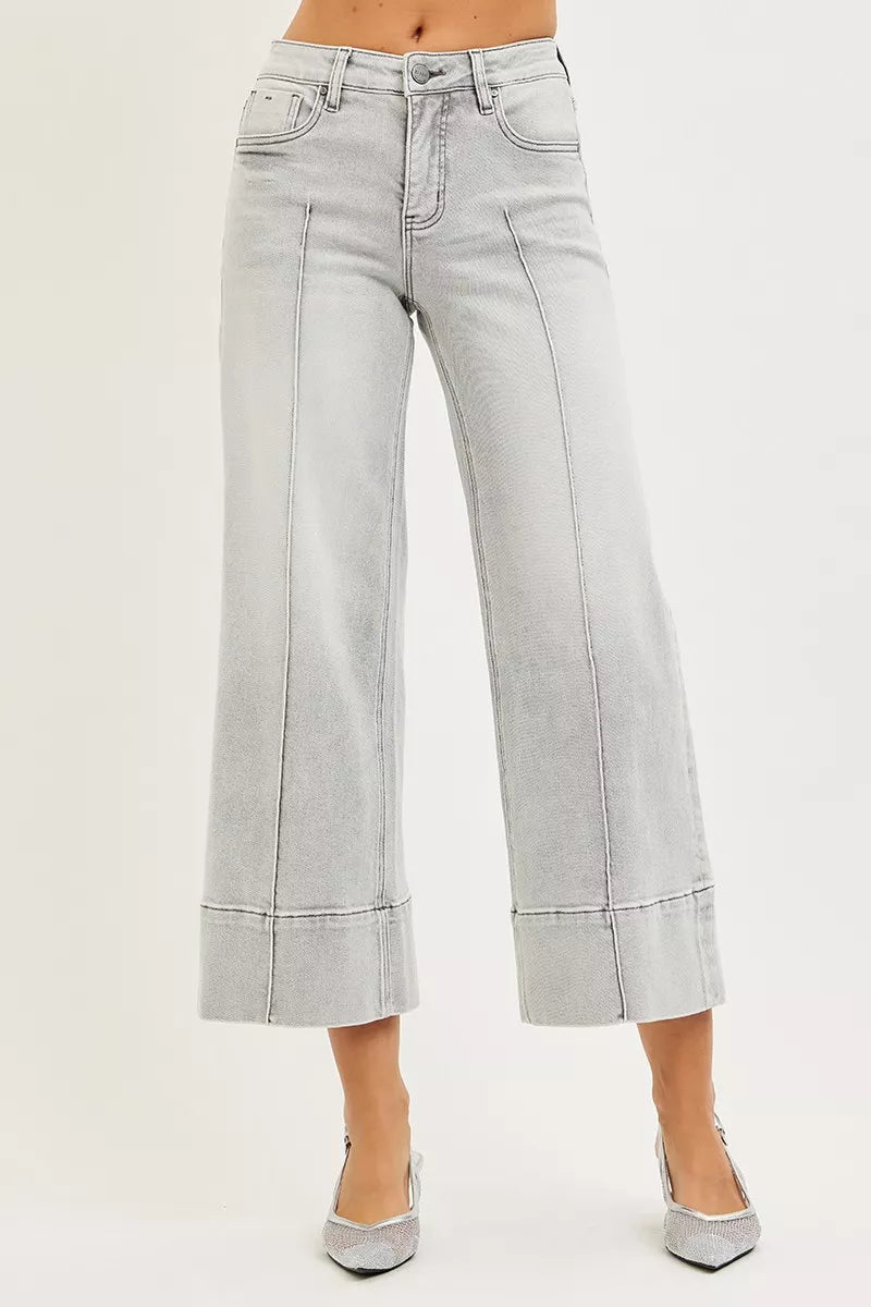RISEN Jeans - Tummy Control Mid Rise Crop Wide Pintuck Front Jeans - Be Bliss Boutique