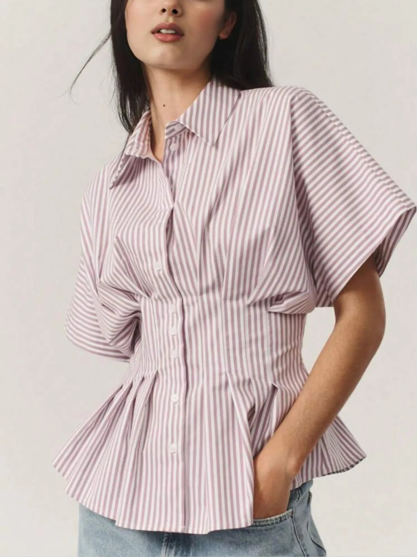 Pinstripe Puff Sleeve Cinched Waist Button Up Shirt - Be Bliss Boutique