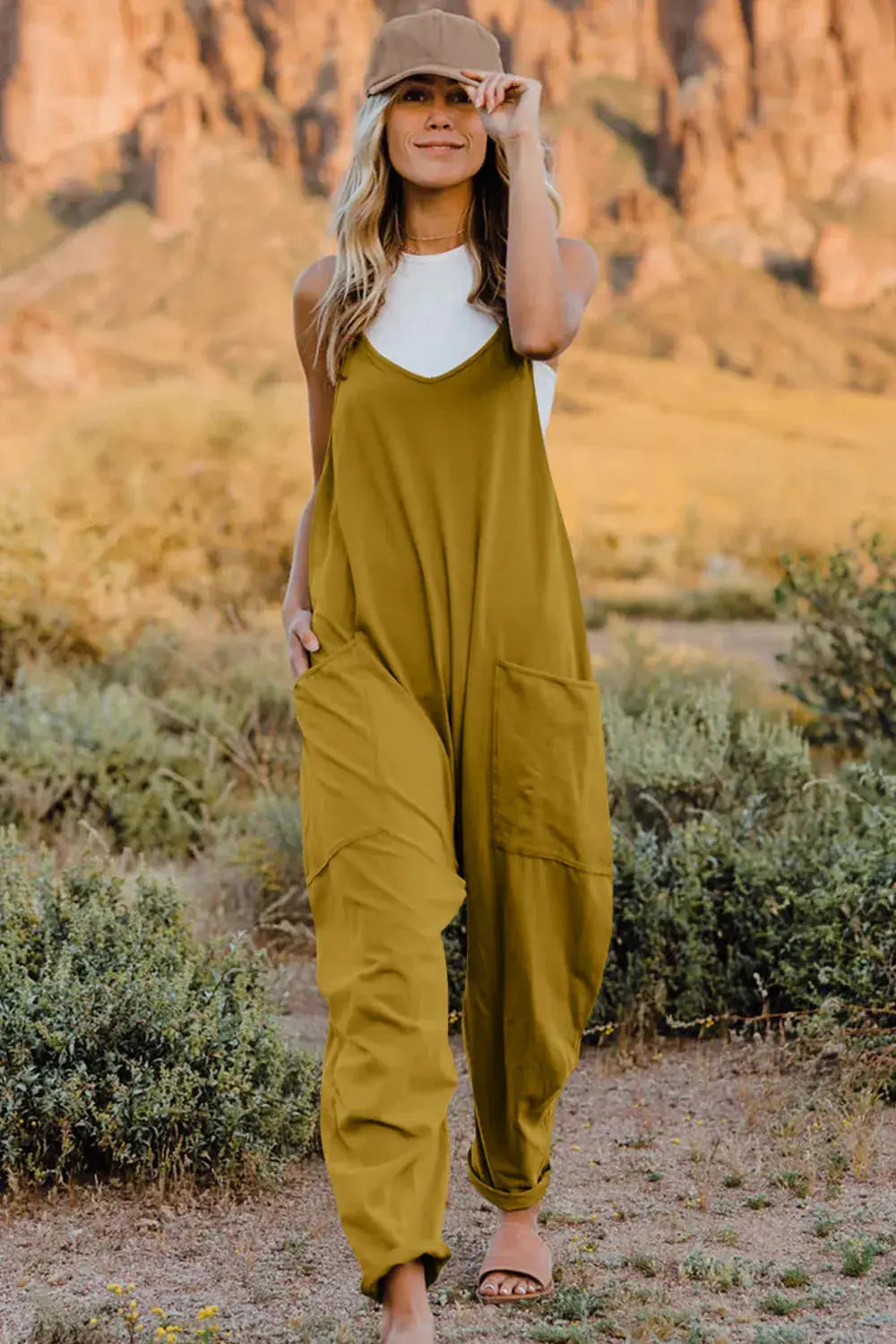 Double Take Full Size V-Neck Sleeveless Jumpsuit with Pockets - Be Bliss Boutique