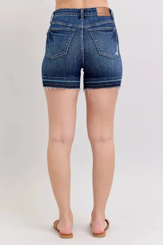 Judy Blue Jeans - Plus Size High Waist Tummy Control Destroy Release Hem Denim Shorts - Be Bliss Boutique