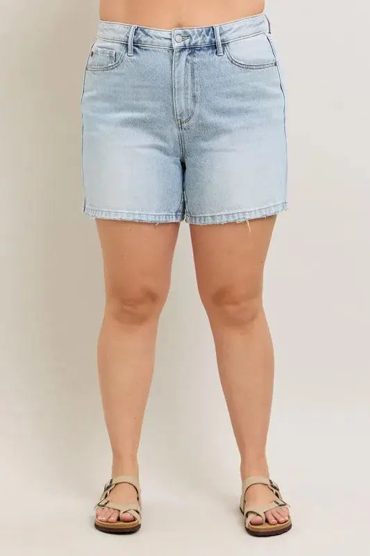 Judy Blue Jeans - Plus Size Frayed Hem High Rise Denim Shorts with Pockets - Be Bliss Boutique