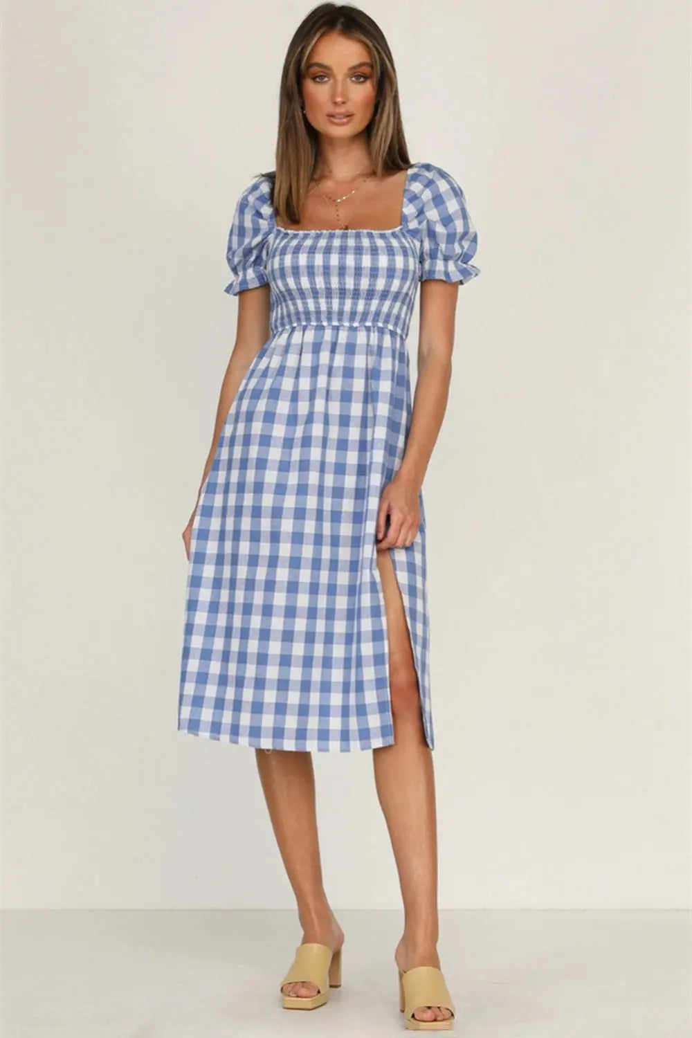 Full Size Slit Plaid Short Sleeve Midi Dress - Be Bliss Boutique