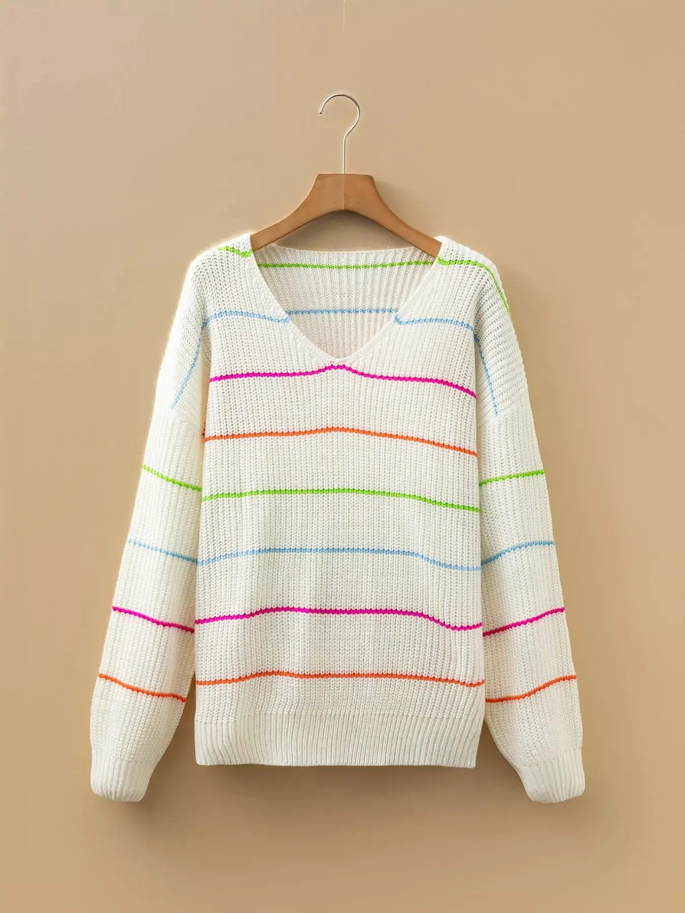 Colorful Striped Detail V-Neck Baggy Drop Shoulder Sweater - Be Bliss Boutique