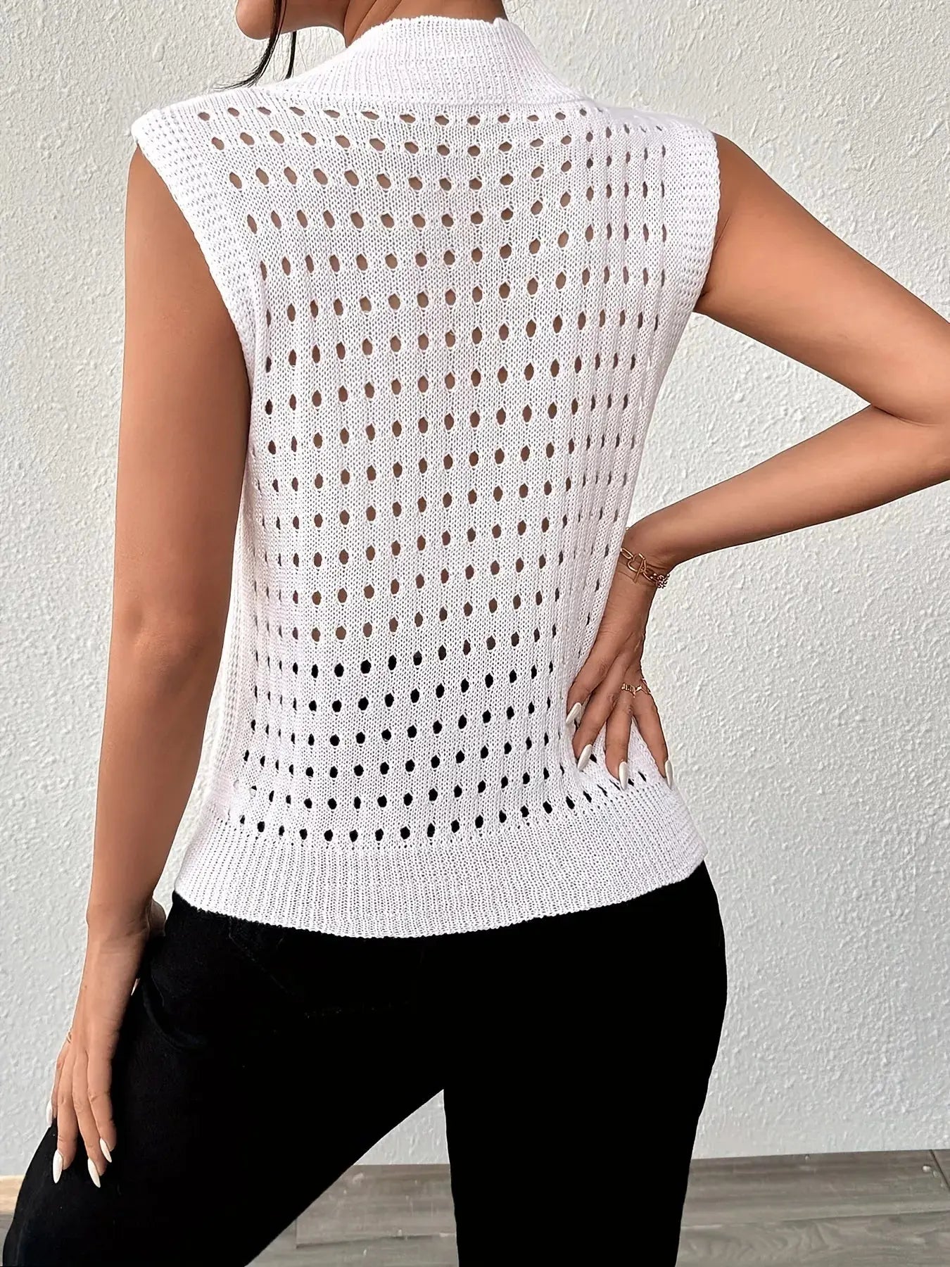 Hollow Out Round Neck Knit Sweater Tank - Be Bliss Boutique