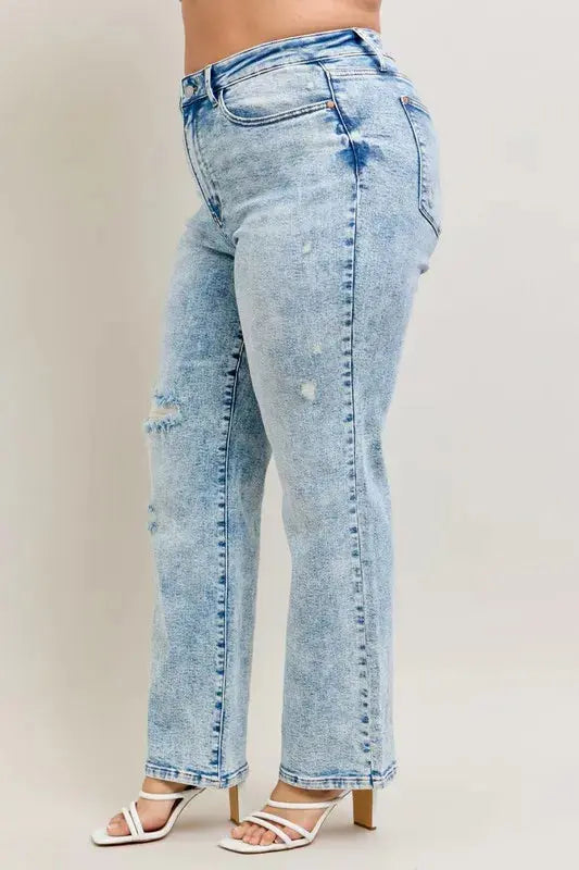 Full Size High Waist Mineral Wash Destroy 90's Straight Leg Judy Blue Jeans - Be Bliss Boutique