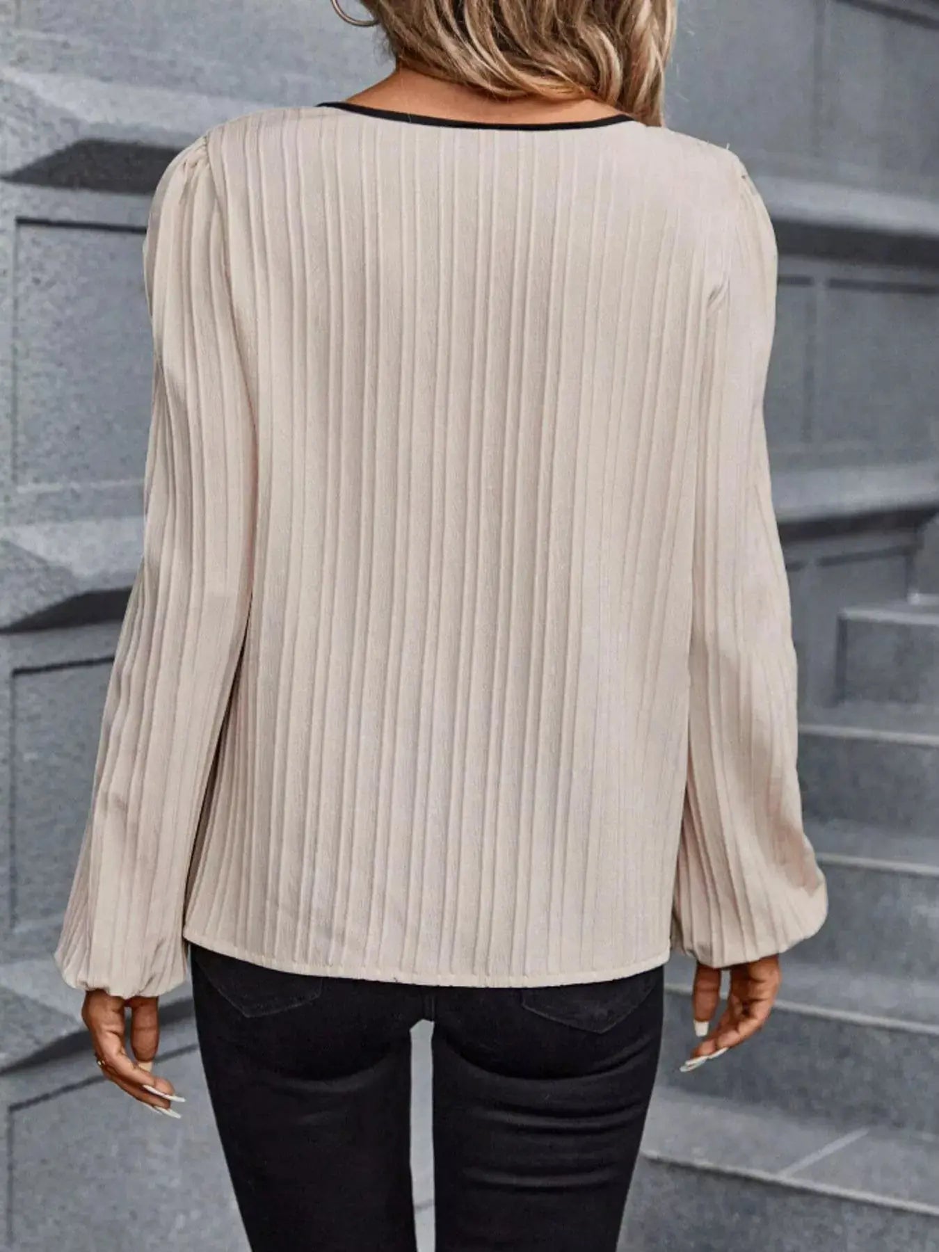 Textured Notched Long Sleeve Blouse - Be Bliss Boutique