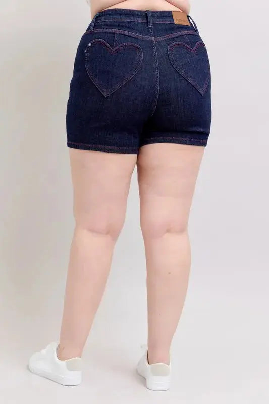 Judy Blue Jeans - Plus Size High Waist Heart Shaped Pockets Denim Shorts with Red Contrast Thread - Be Bliss Boutique