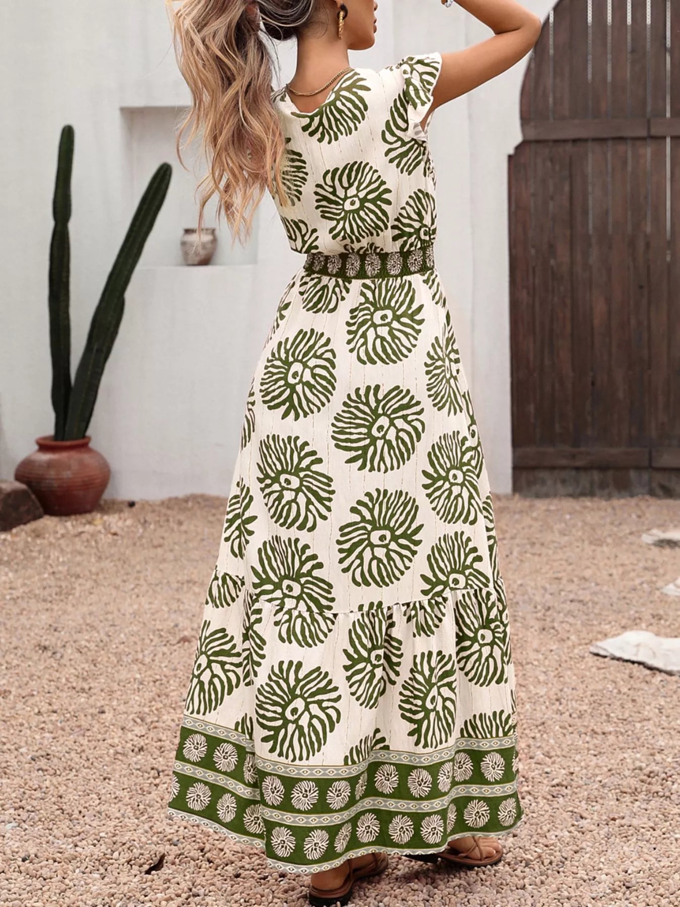 Printed V Neck Cap Sleeve Maxi Dress - Be Bliss Boutique
