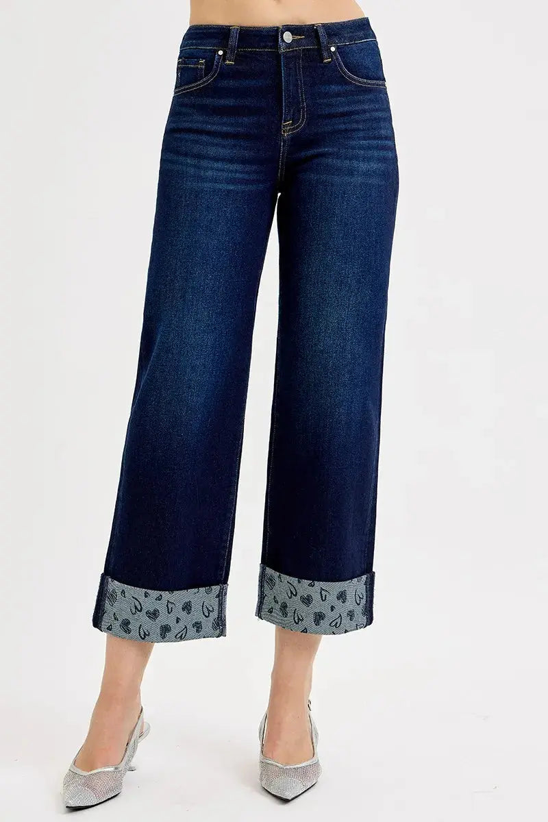 RISEN Jeans - Full Size Mid Rise Fit Crop Wide Leg with Printed Cuff - Be Bliss Boutique