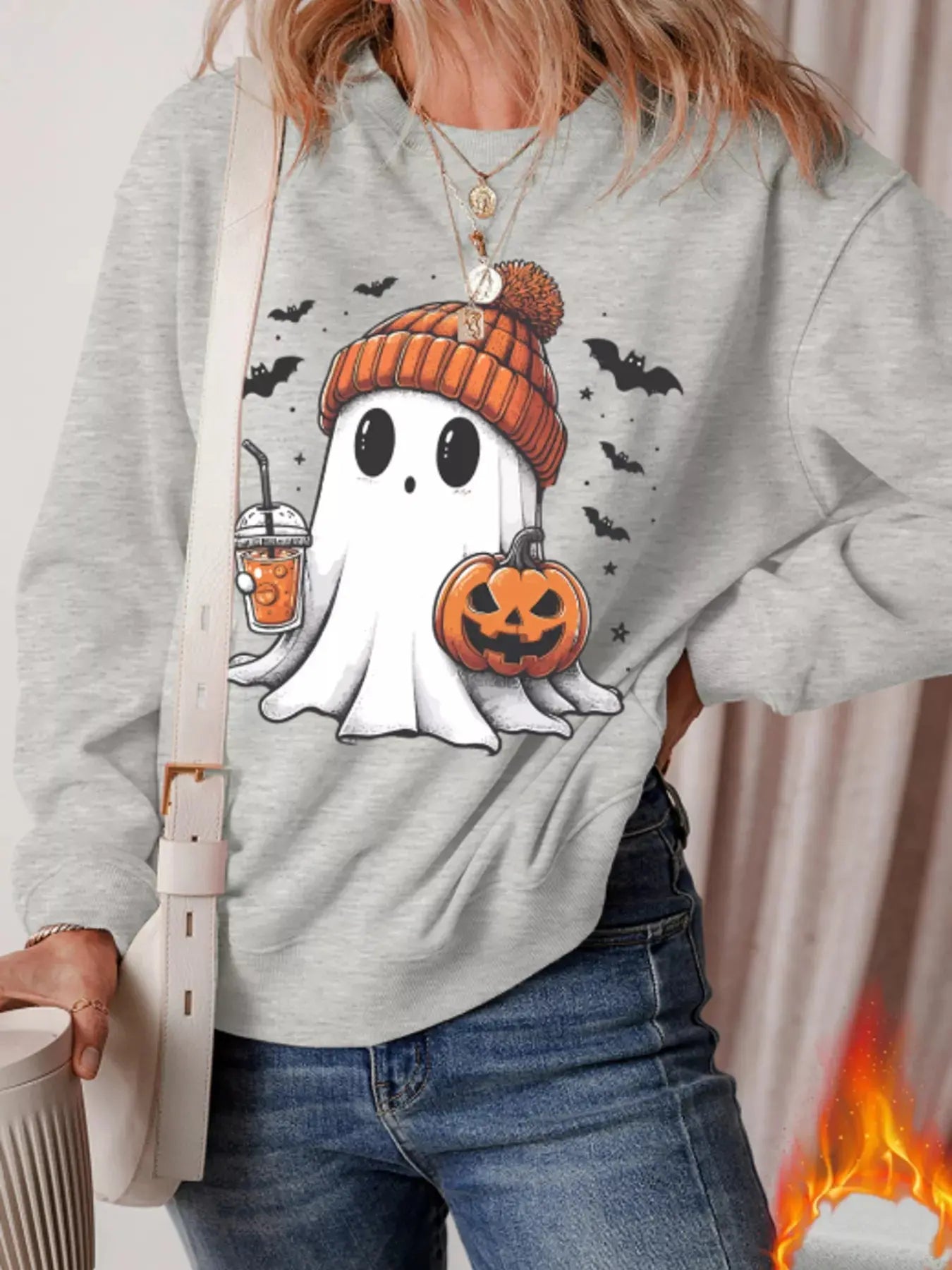 Round Neck Halloween Ghost Sweatshirt - Be Bliss Boutique