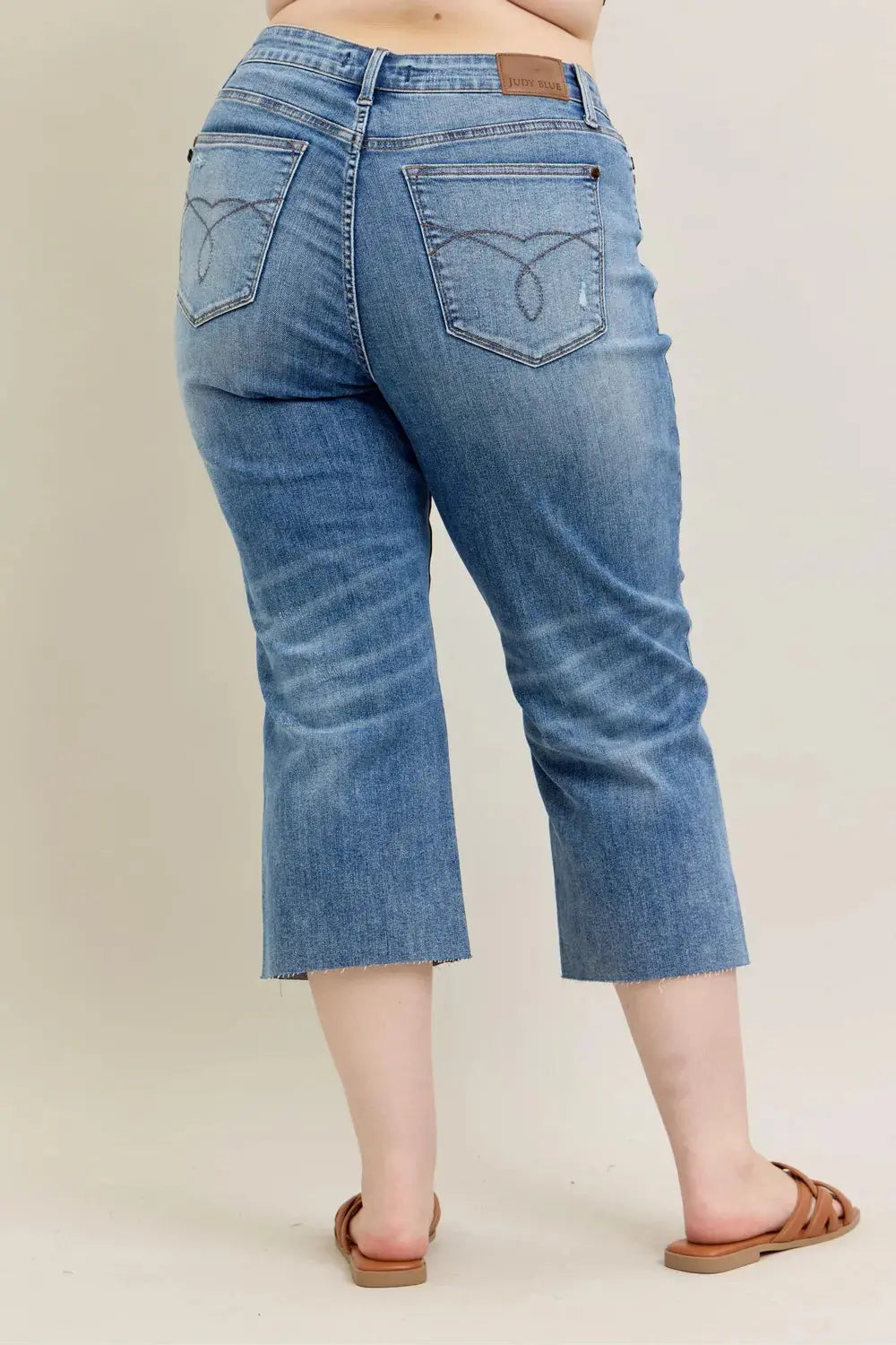 Plus Size High Waist Back Destroy & Raw Cut Hem Crop Wide Leg Judy Blue Jeans - Be Bliss Boutique