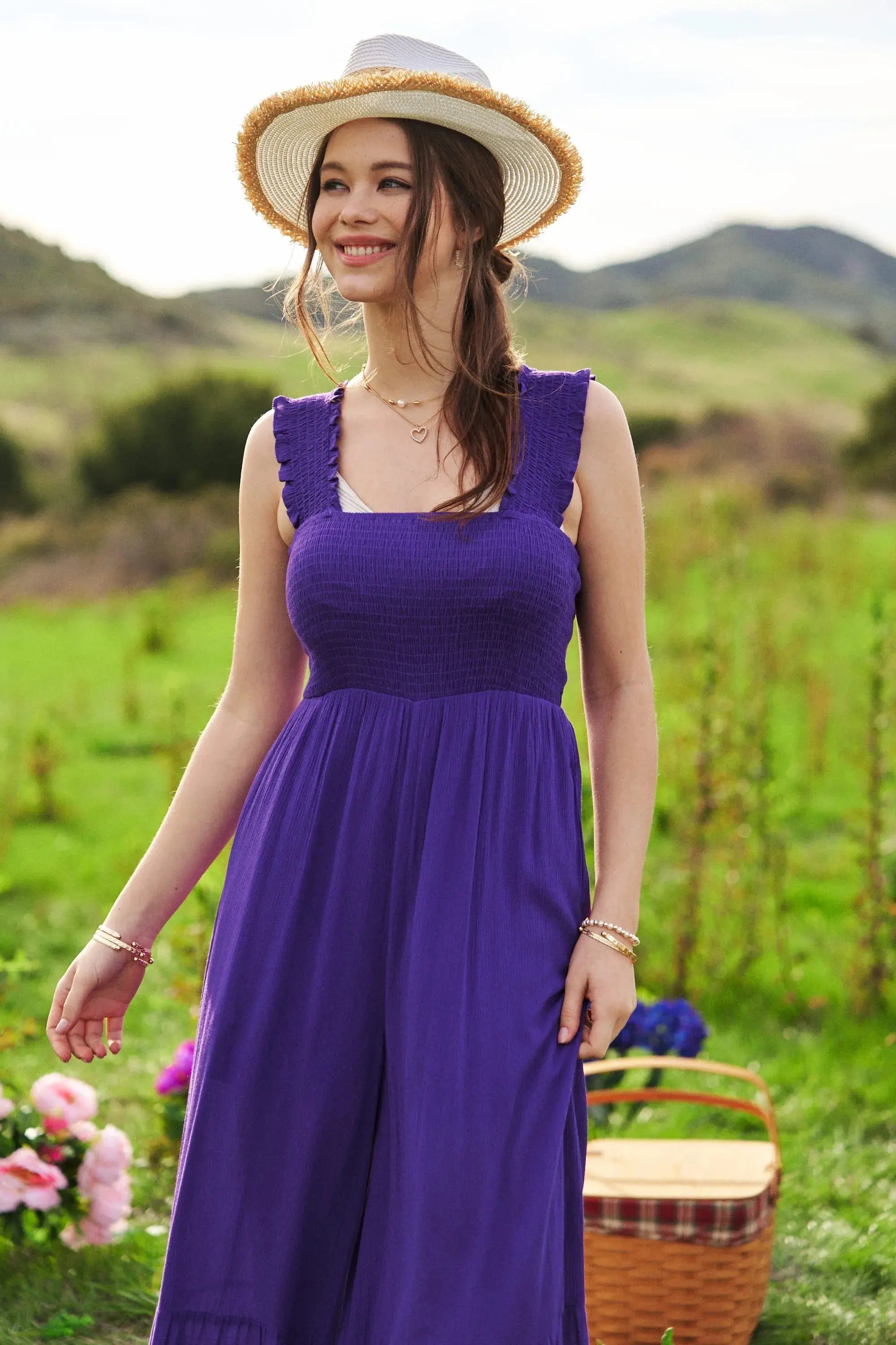 Davi & Dani Smocked Bodice Strap Ruffle Jumpsuit with Belt - Be Bliss Boutique