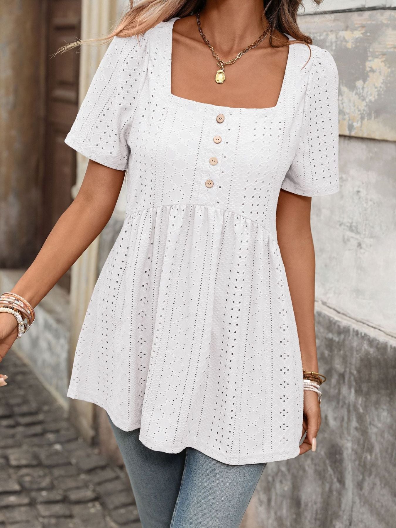 Women's Eyelet Square Neck Babydoll Short Sleeve Top - Be Bliss Boutique