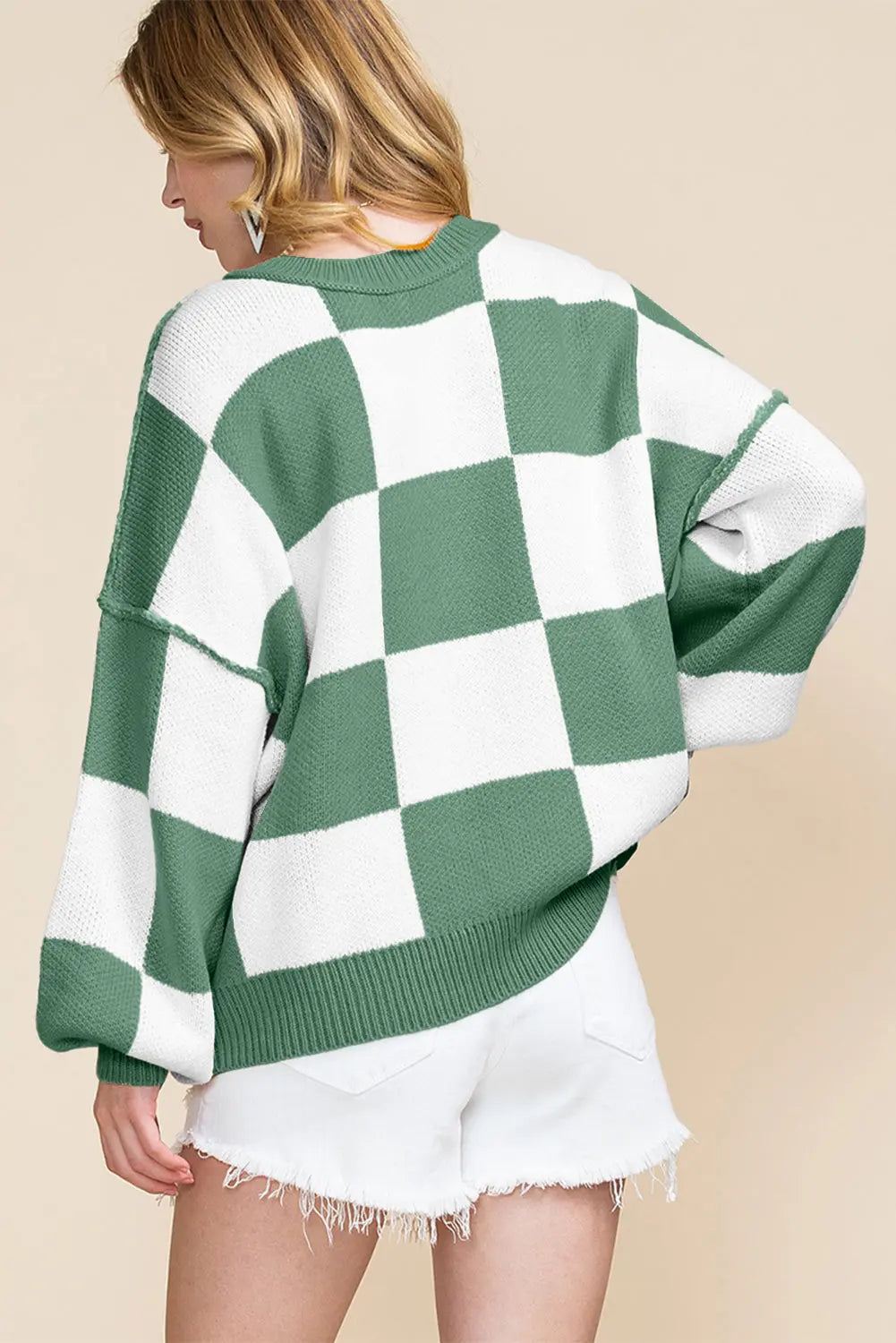 Checkered Bishop Sleeve Sweater - Be Bliss Boutique
