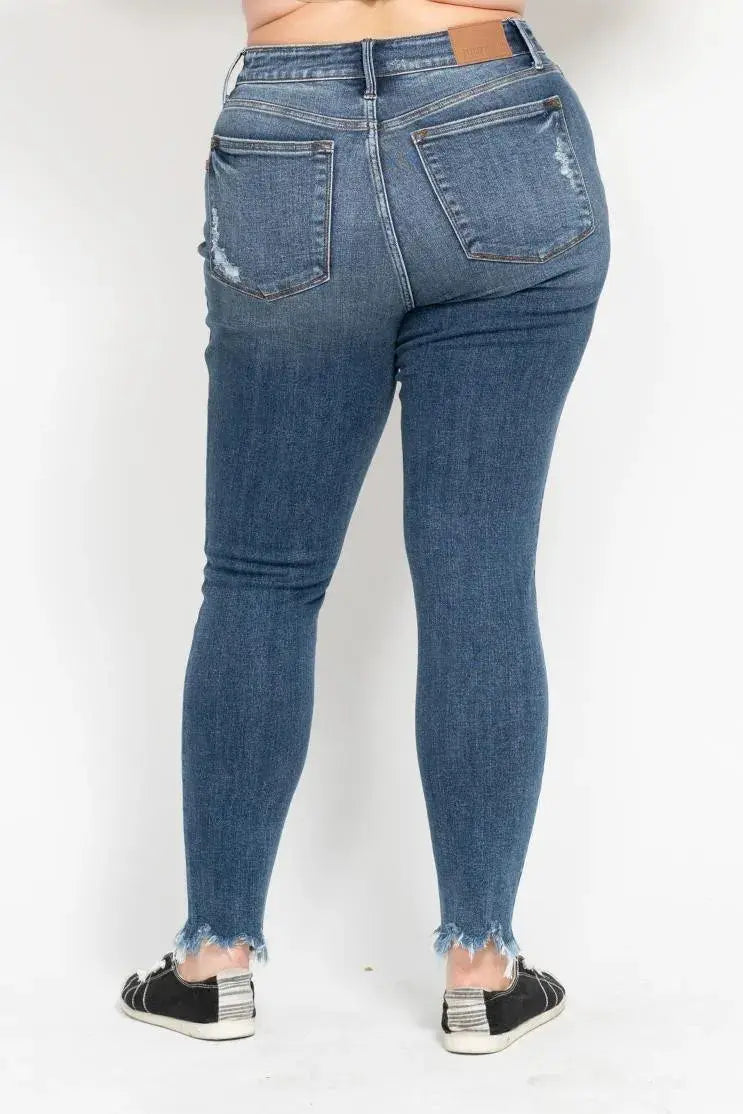 Plus Size High Waist Skinny Judy Blue Jeans with Destroy & Shark Bit Hem - Be Bliss Boutique