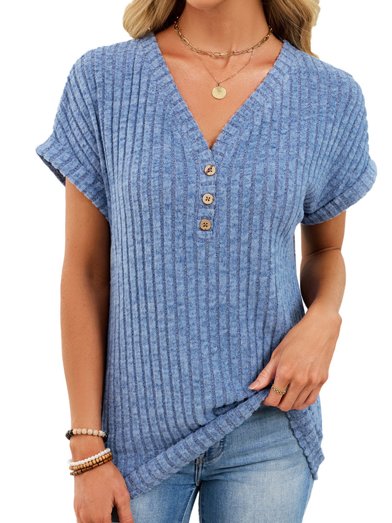 V Neck Ribbed Knit T Shirt - Be Bliss Boutique