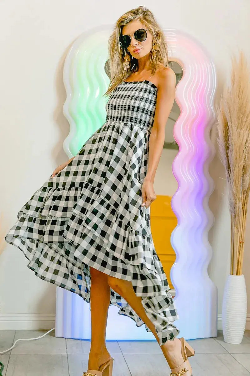 BiBi Smocked Body Off Shoulder Check Dress (Black) - Be Bliss Boutique